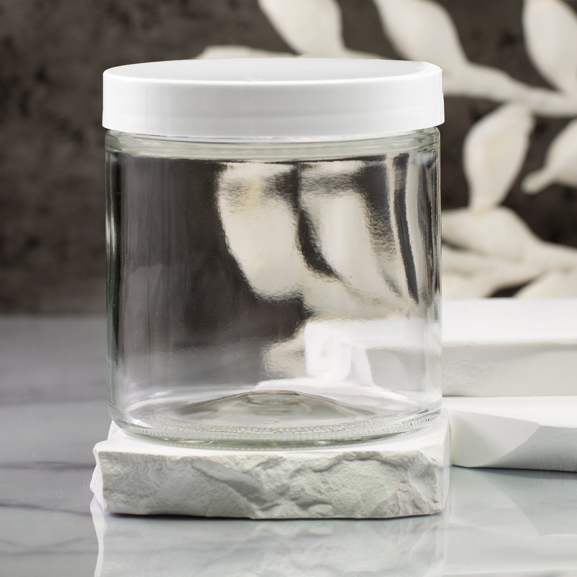16 oz Clear Glass Jar with 89-400 White Flat Gloss Cap