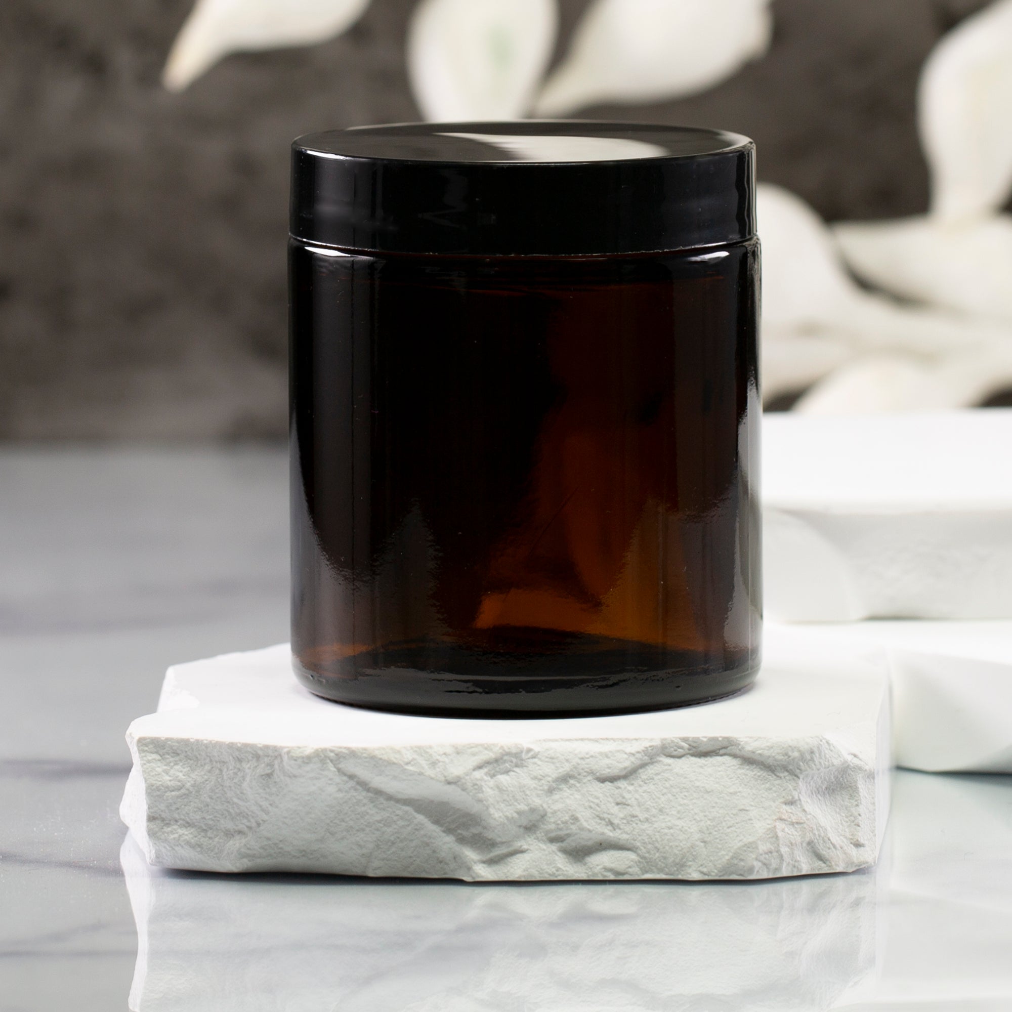4 oz Amber Glass Jar with 58-400 Black Gloss Cap