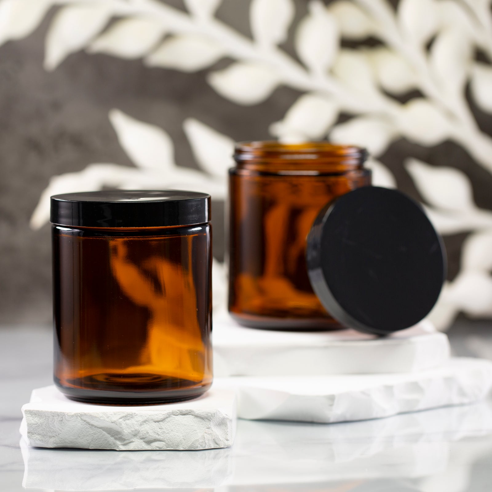 8 oz Amber Glass Jar with 70-400 Black Gloss Flat Cap