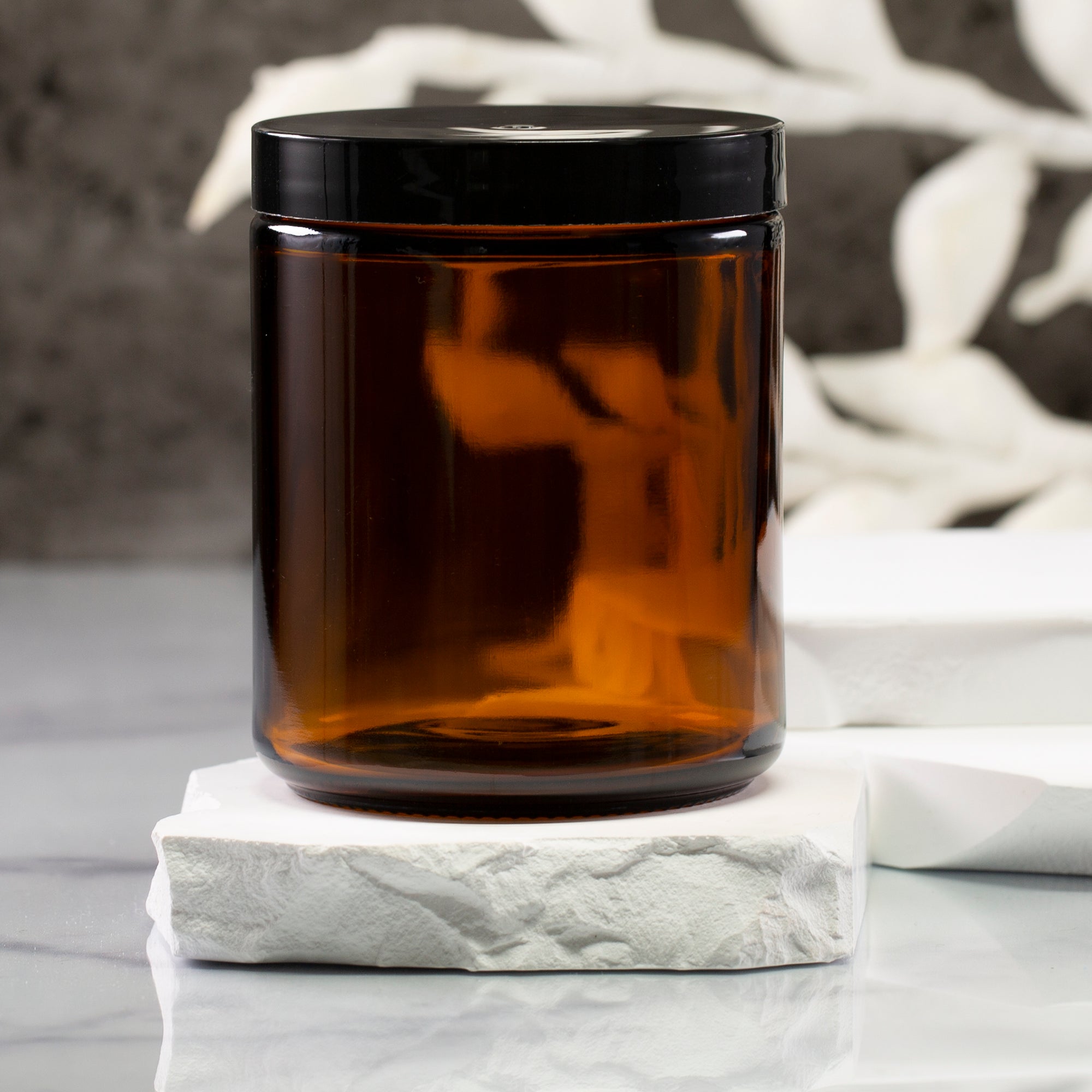 8 oz Amber Glass Jar with 70-400 Black Gloss Flat Cap