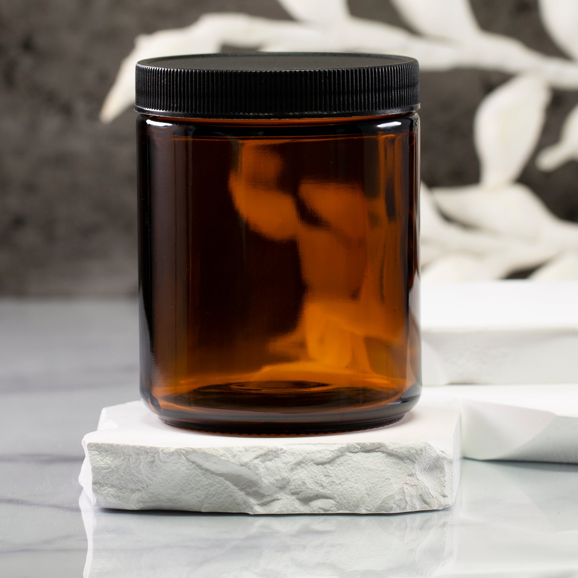 8 oz Amber Glass Jar with 70-400 Black Ribbed Cap