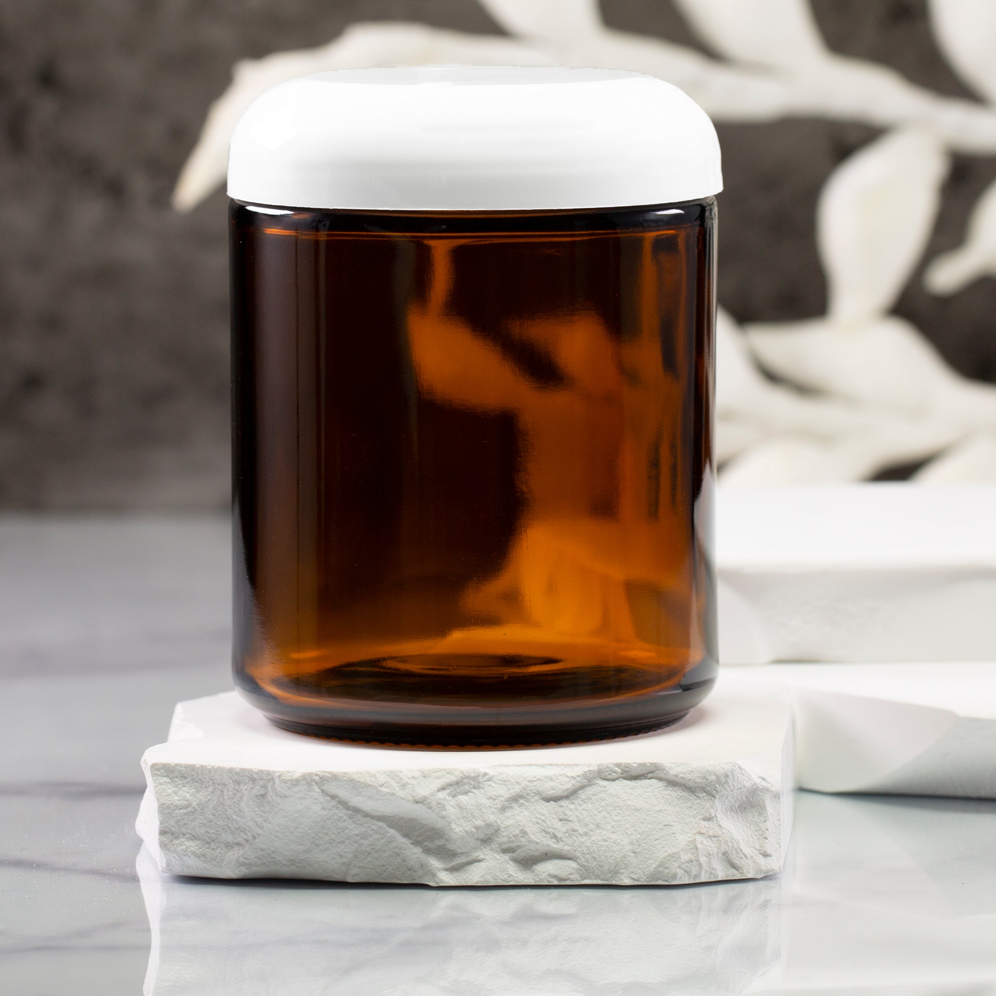 8 oz Amber Glass Jar with 70-400 White Dome Cap