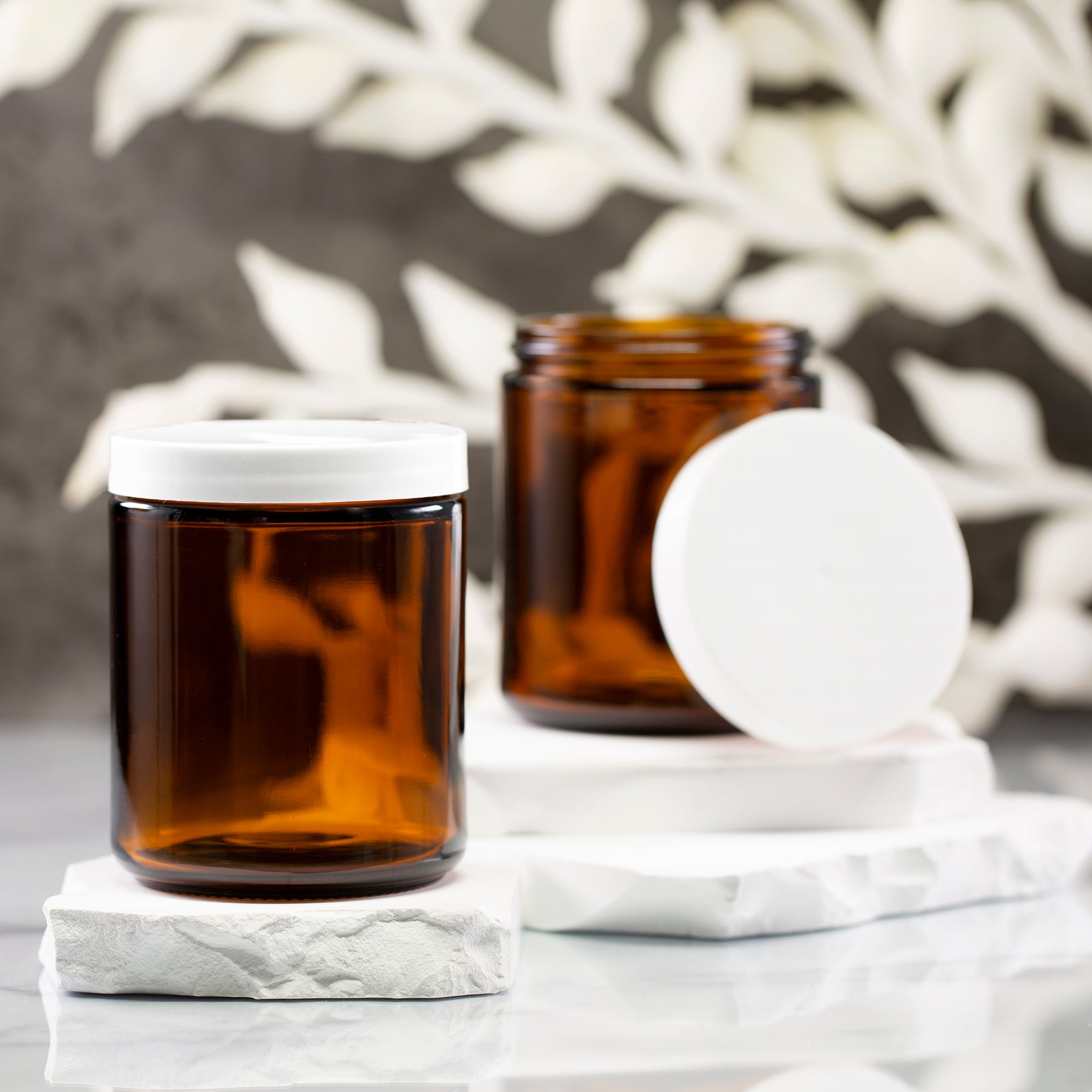 8 oz Amber Glass Jar with 70-400 White Flat Gloss Cap