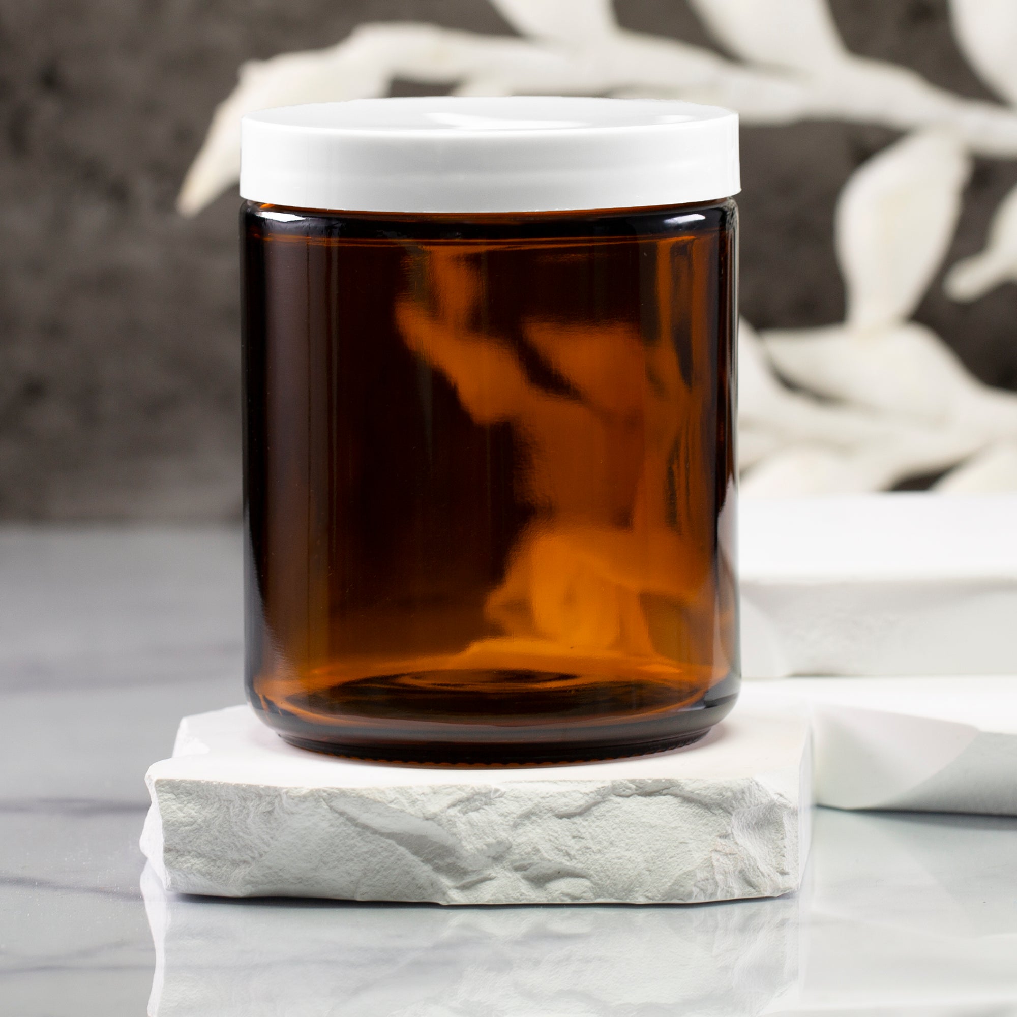 8 oz Amber Glass Jar with 70-400 White Flat Gloss Cap