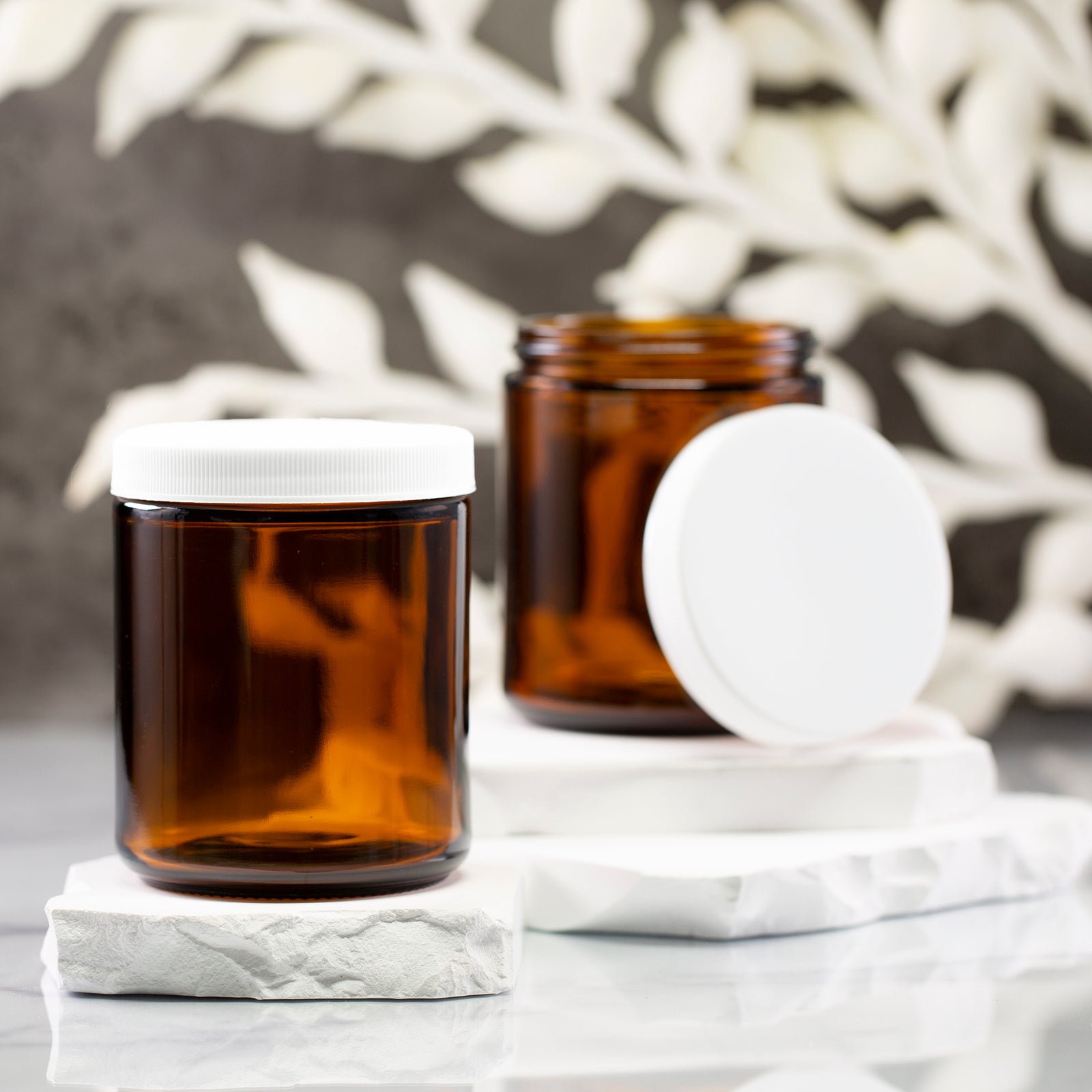 8 oz Amber Glass Jar with 70-400 White Ribbed Cap