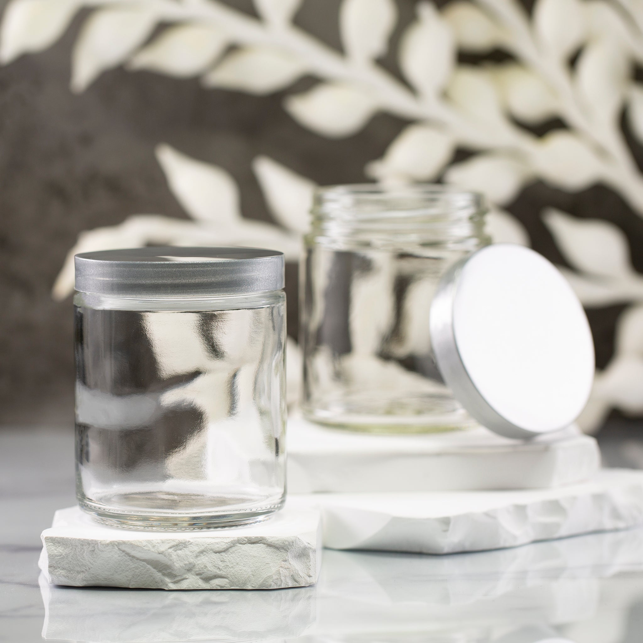 8 oz Clear Glass Jar with 70-400 Silver Flat Gloss Cap