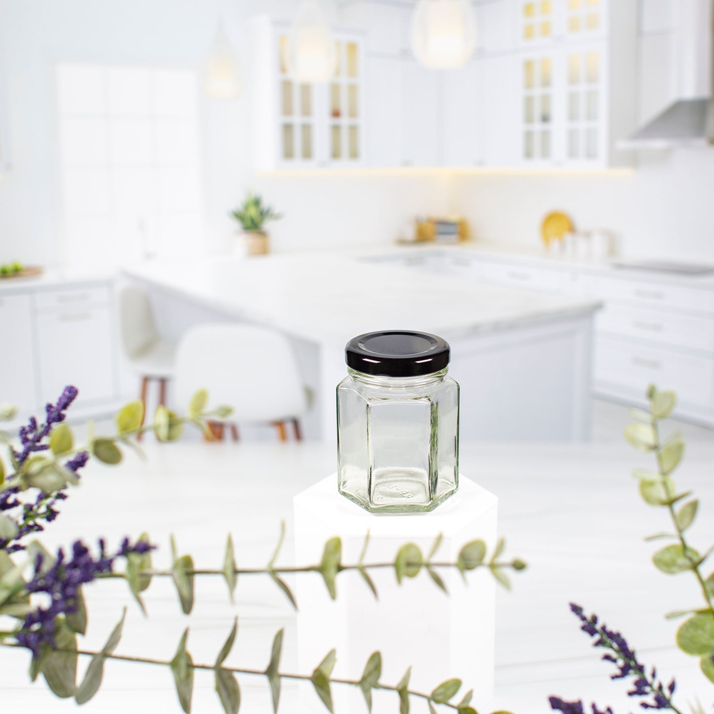 110 ml Hexagon Glass Jar with 48mm Black Metal Lug Lid