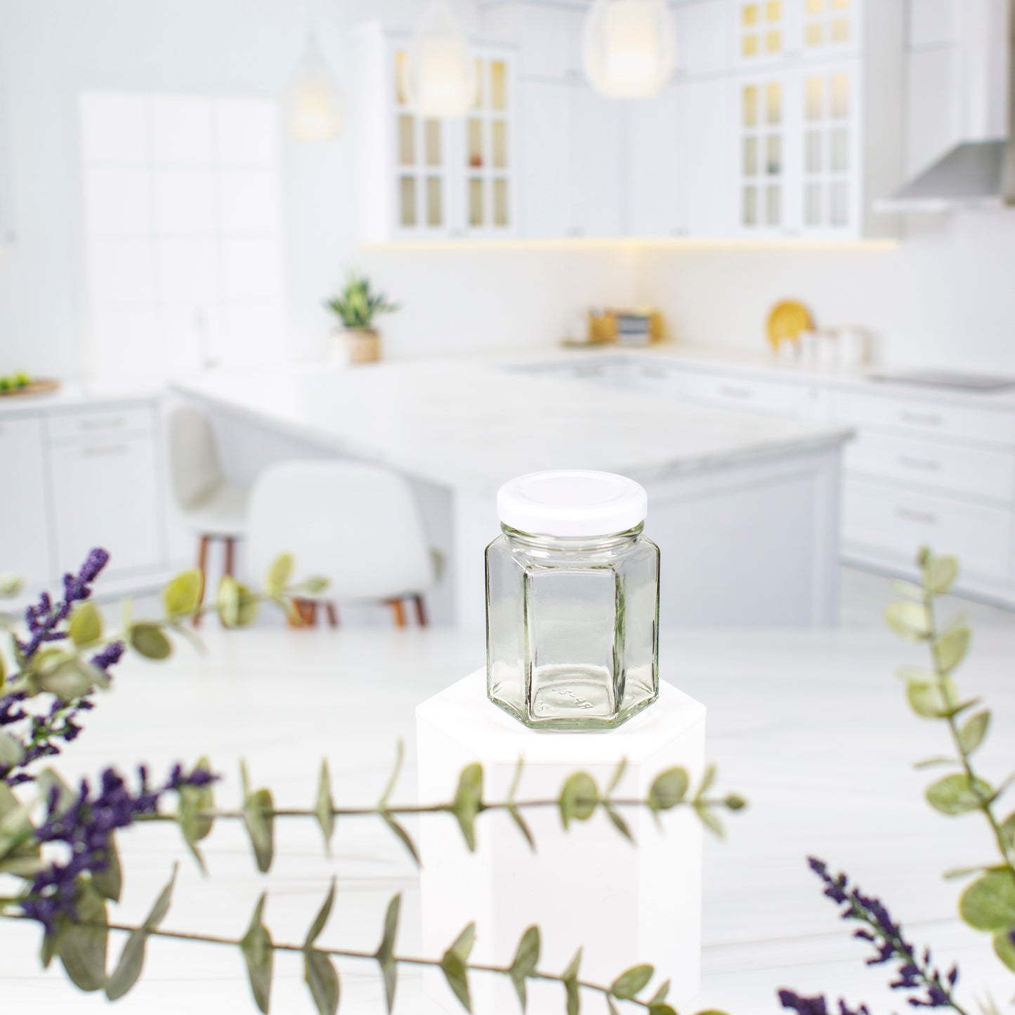 110 ml Hexagon Glass Jar with 48mm White Metal Lug Lid