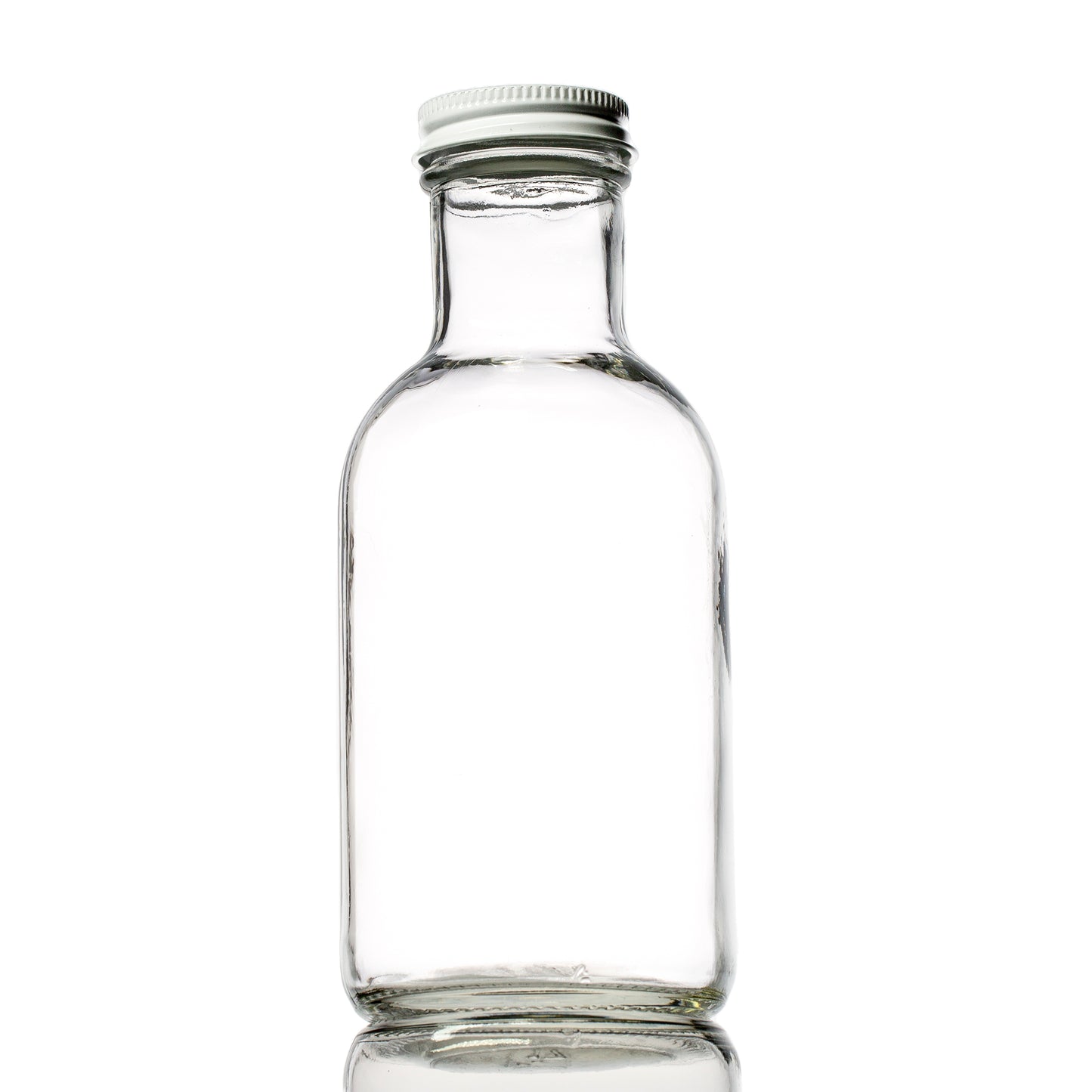 12 oz Clear Glass Stout Bottle with 38-400 White Metal Cap with Plastisol Liner