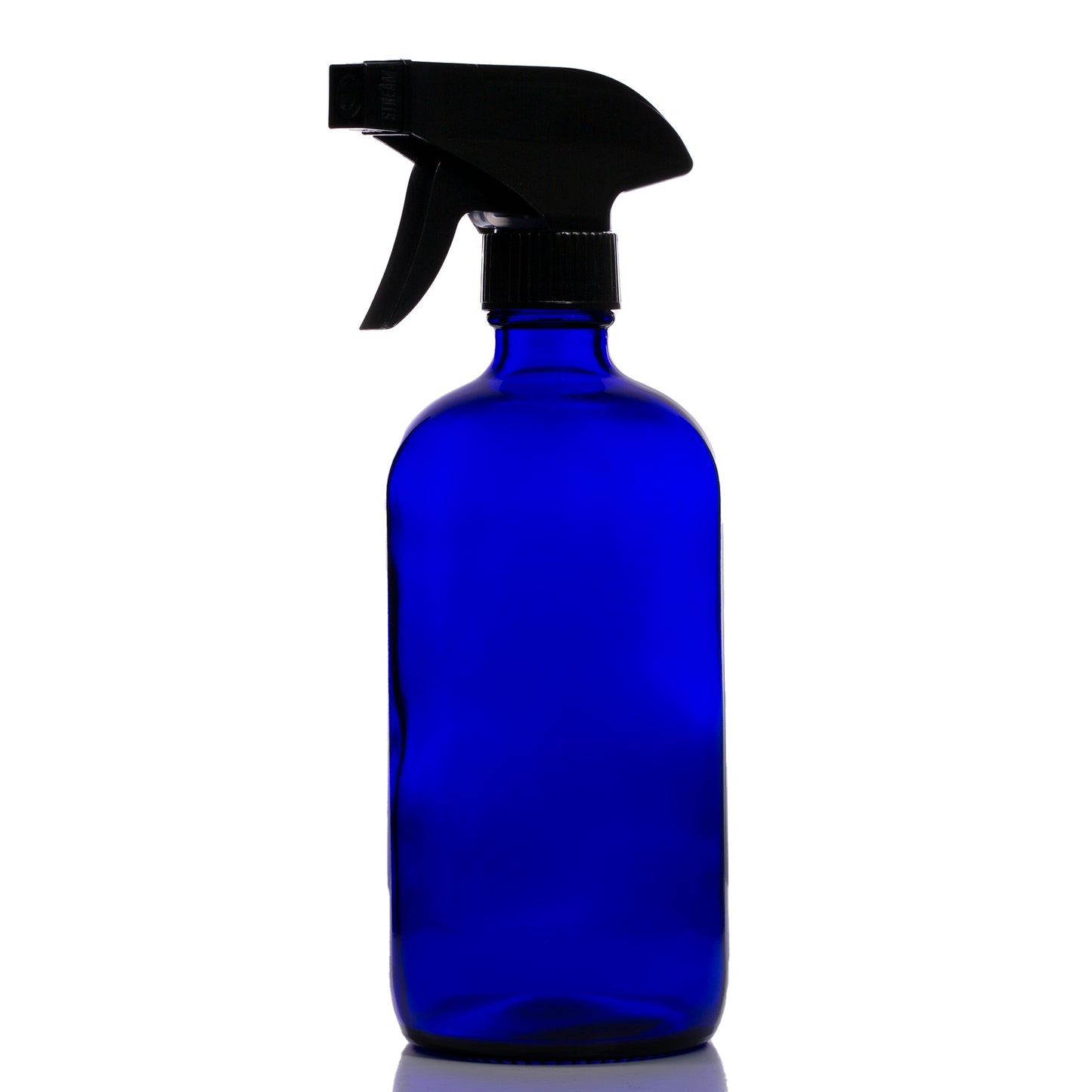 16oz Blue Glass Boston Round Bottle with Black Trigger Sprayer