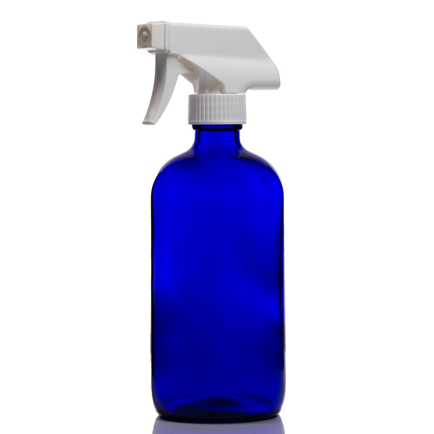16oz Blue Glass Boston Round with White Trigger Sprayer