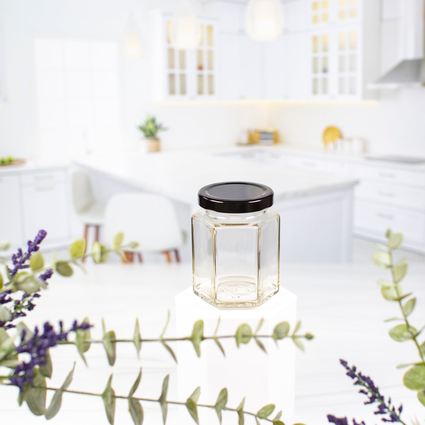 190 ml Hexagon Glass Jar with 58mm Black Metal Lug Lid