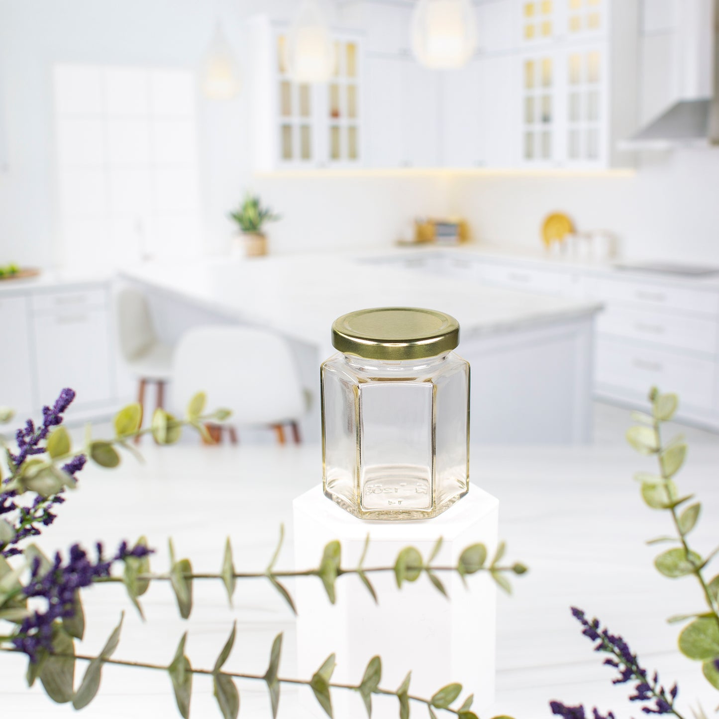 190 ml Hexagon Glass Jar with 58mm Gold Metal Lug Lid