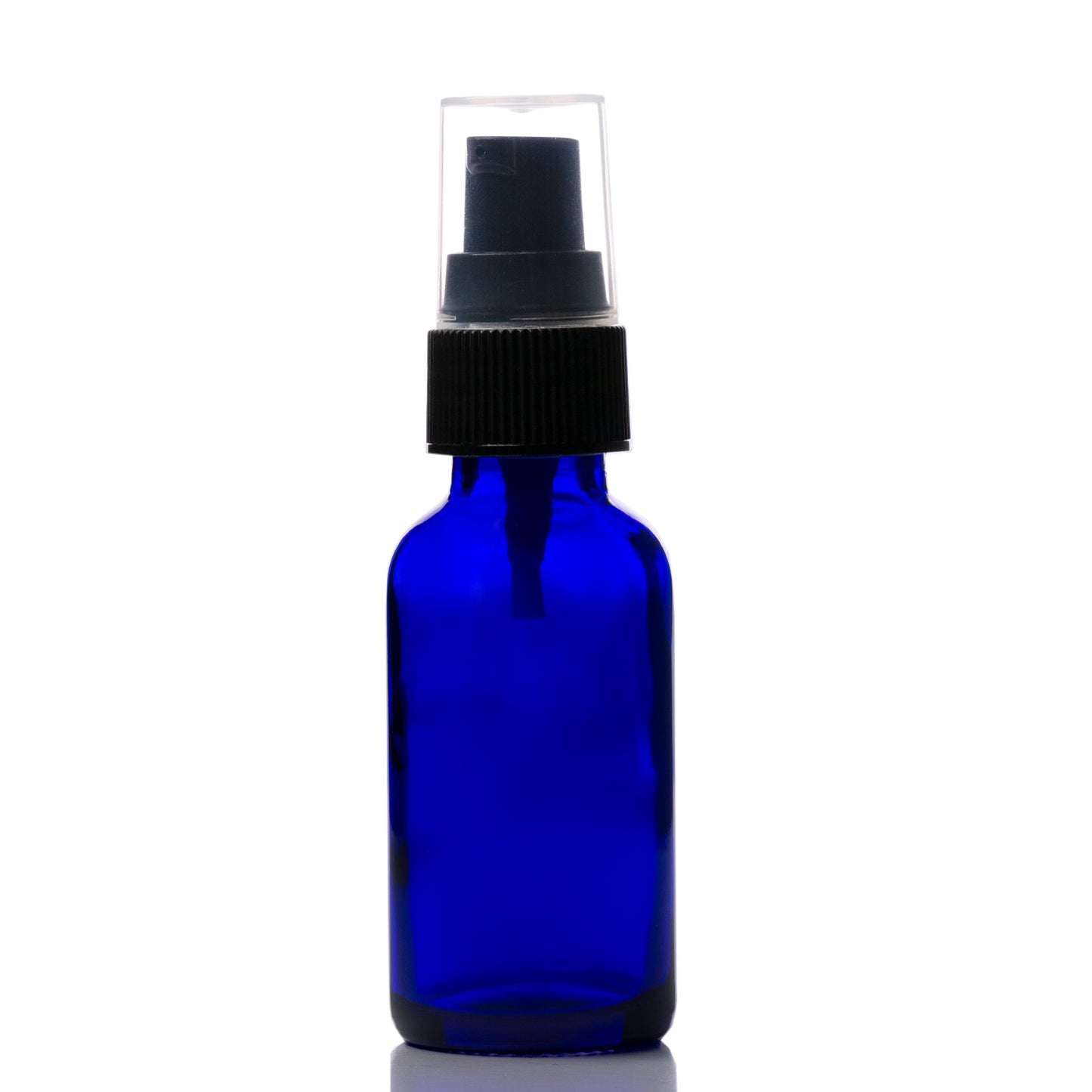 1 oz Blue Glass Boston Round Bottle with 20-400 Black Treatment Pump