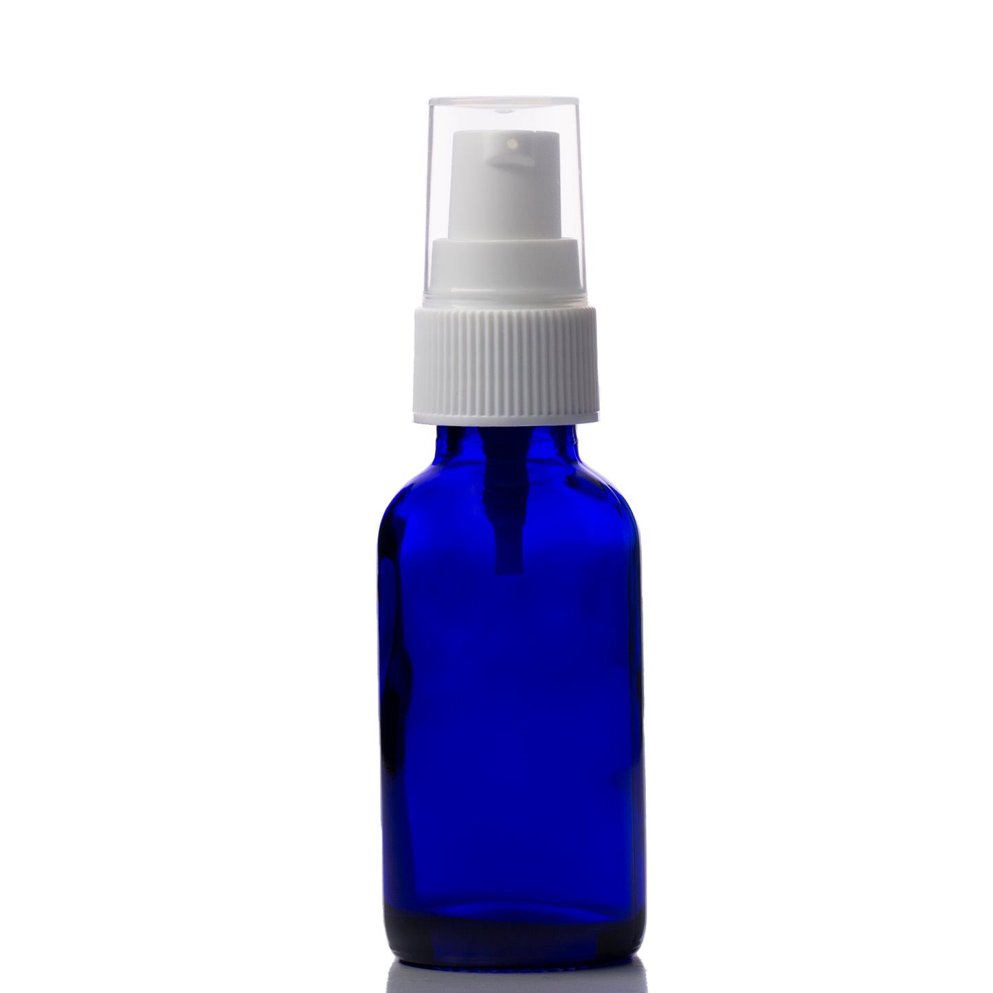 1 oz Blue Glass Boston Round Bottle with 20-400 White Treatment Pump
