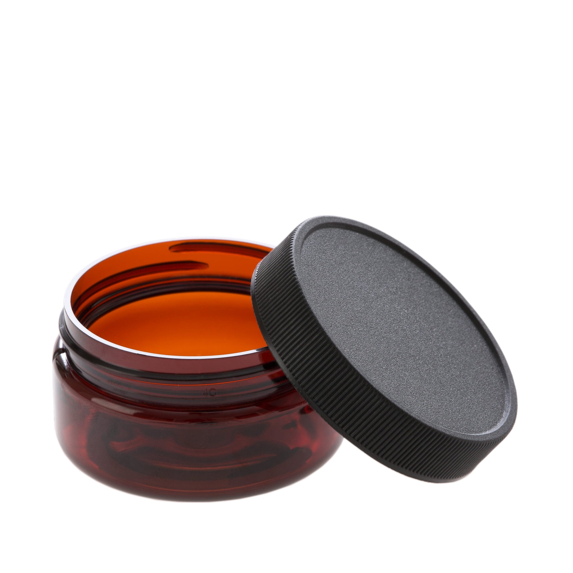 2 oz Amber Shallow Jar with Black Ribbed Flat Cap