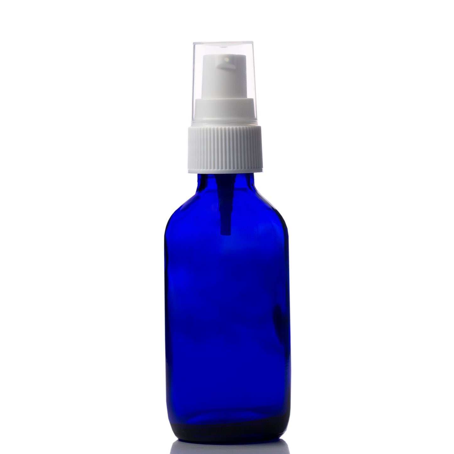 2 oz Blue Glass Boston Round Bottle with 20-400 White Treatment Pump