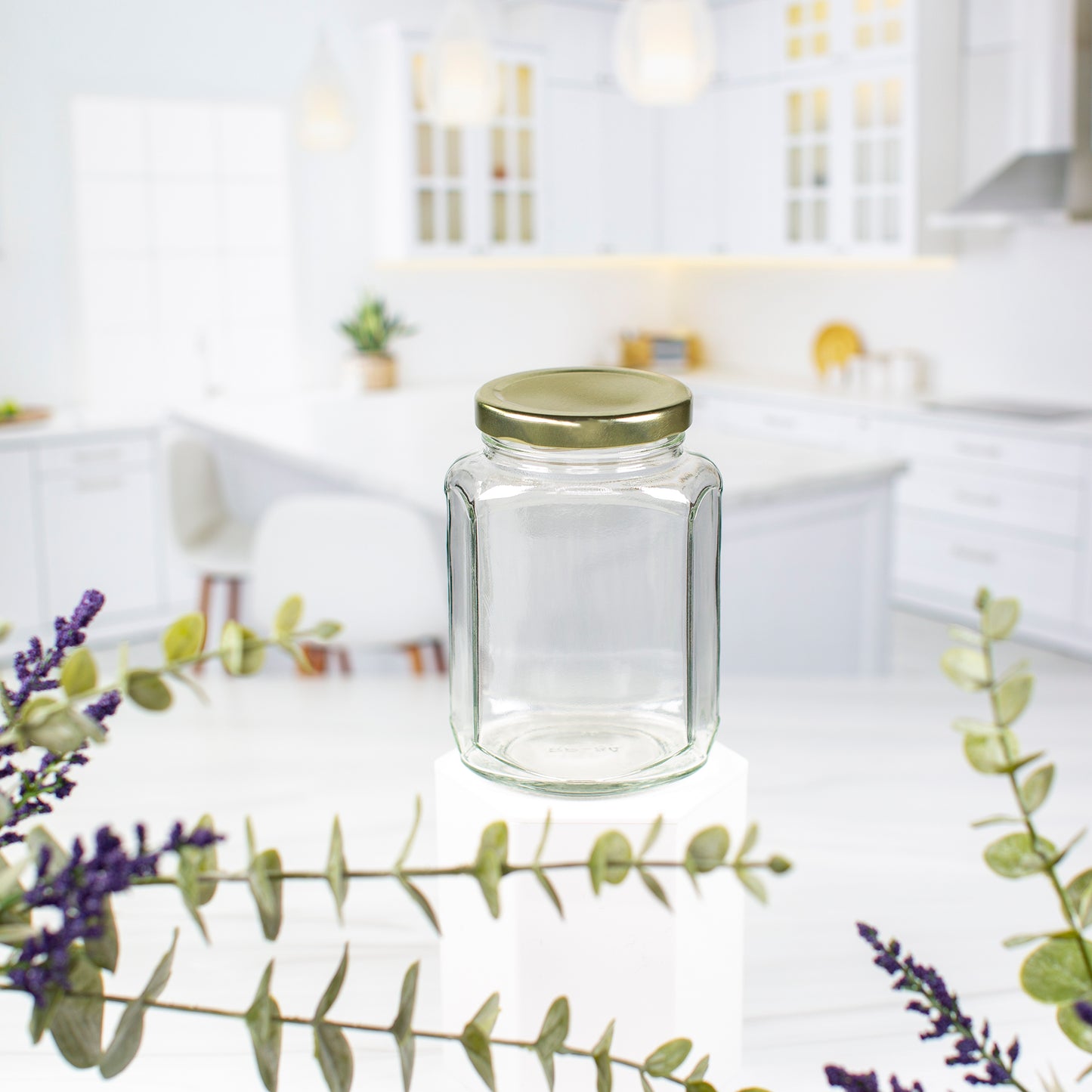 375 ml Oval Hexagon Glass Jar with 63mm Gold Metal Lug Lid