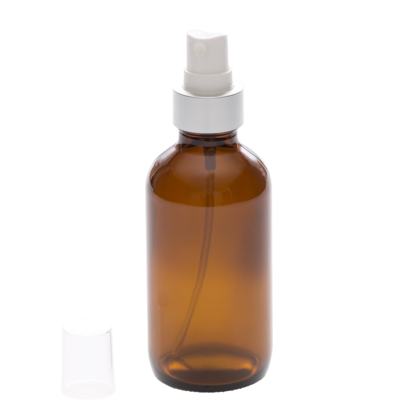 4 oz Amber Glass Bottle with 22-400 White Mister with Brushed Aluminum Shell