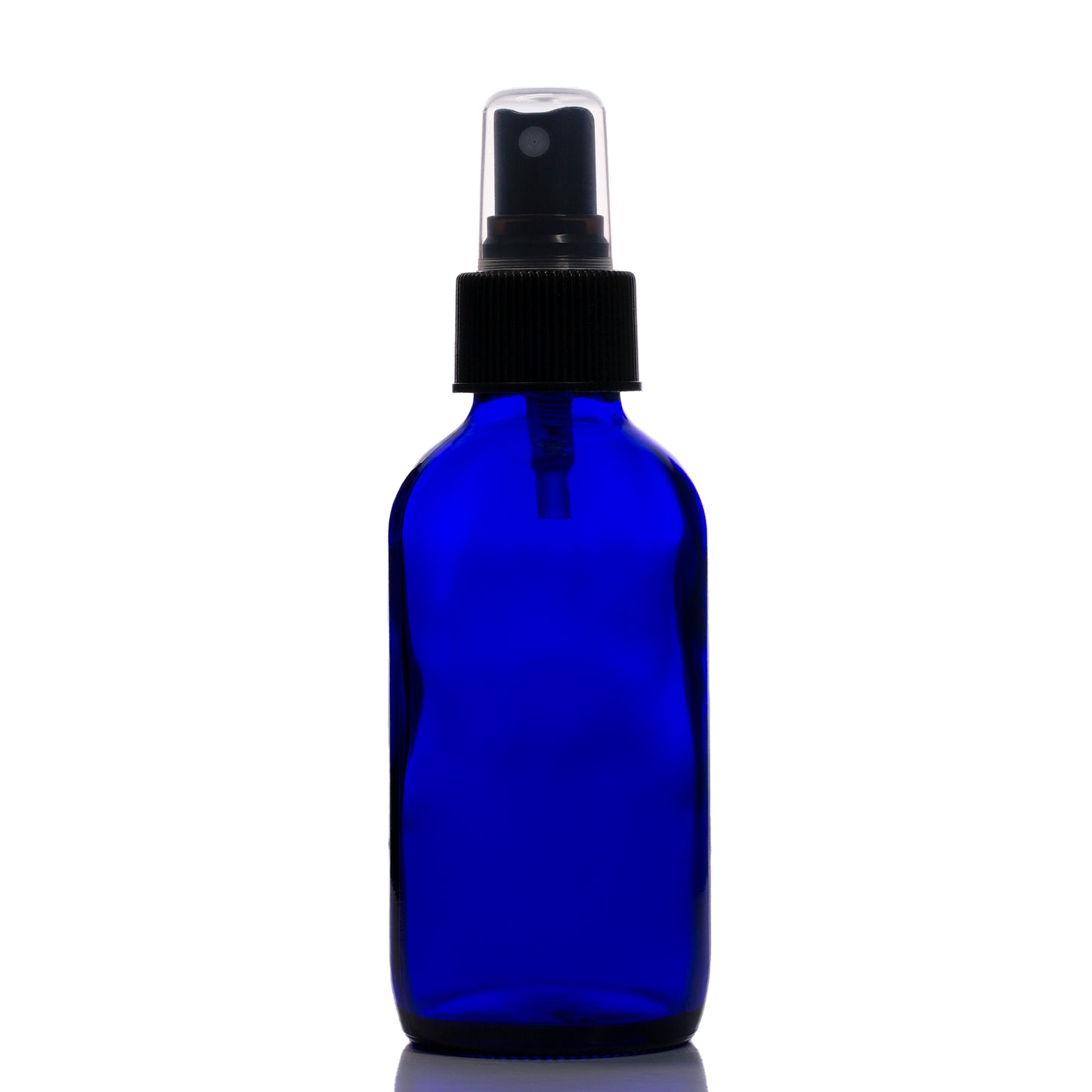 4 oz Blue Glass Boston Round Bottle with 24-410 Black Fine Mist Sprayer