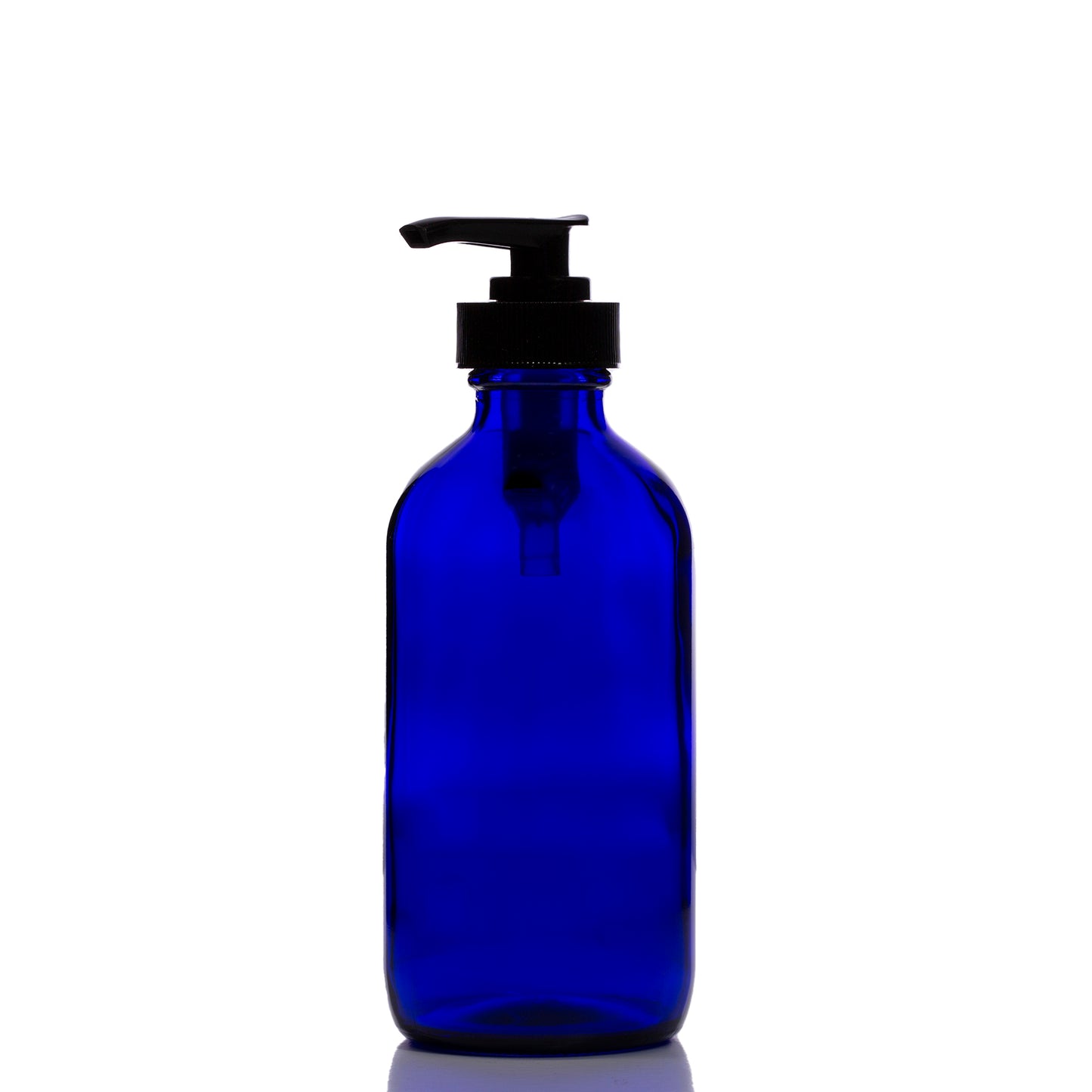 8oz Blue Glass Boston Round Bottle with Black Pump
