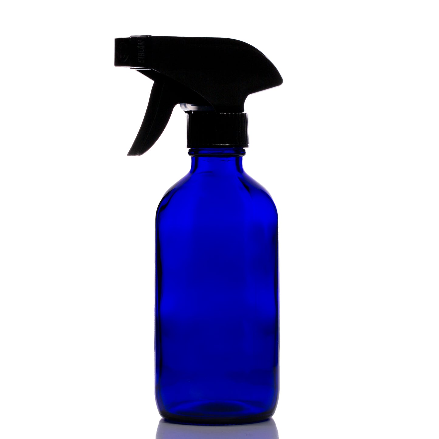 8oz Blue Glass Boston Round Bottle with Black Trigger Sprayer