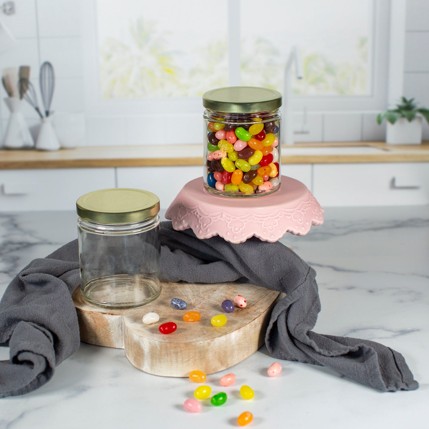 9 oz Clear Glass Jar with 70mm Gold Metal Lug Cap