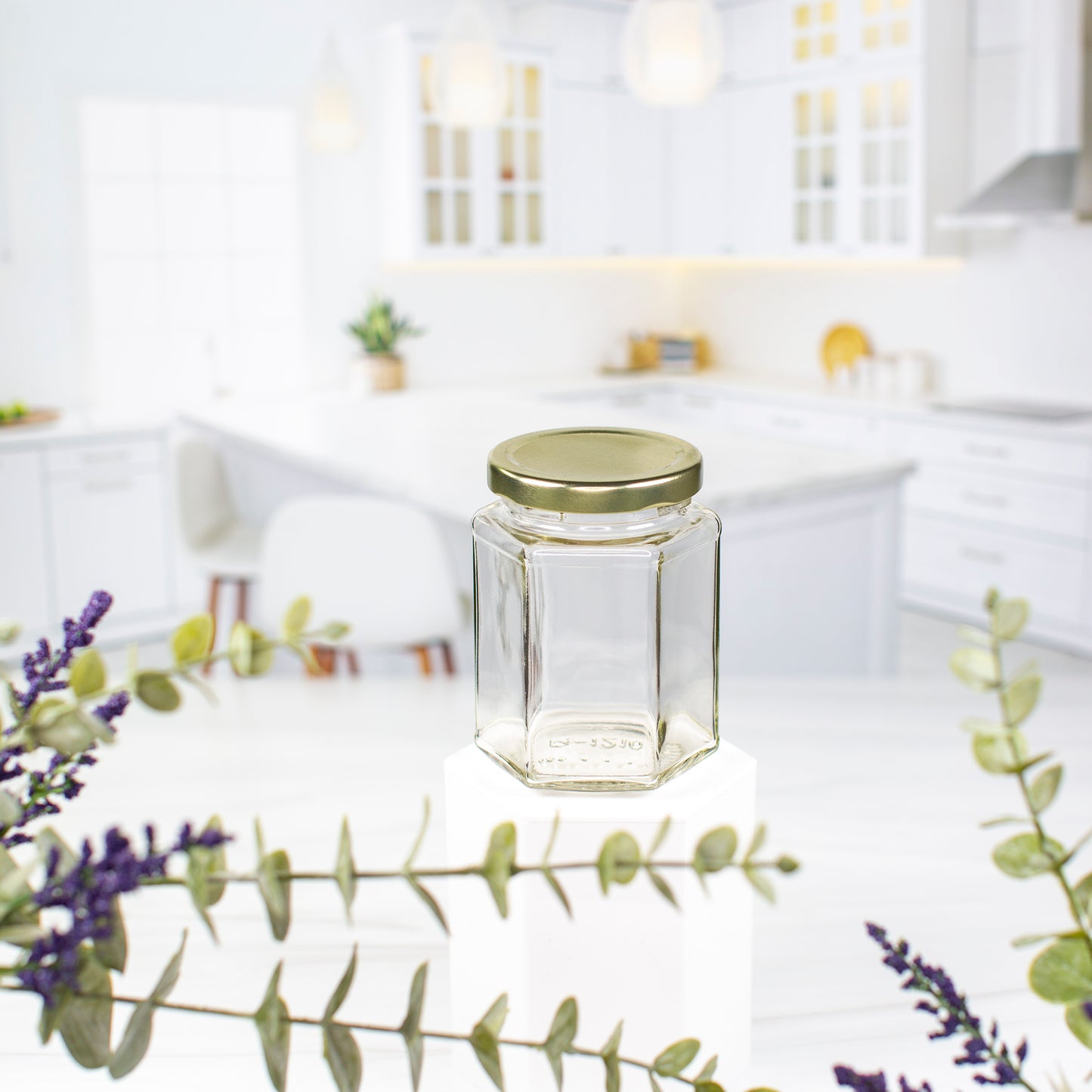 9 oz / 260 ml Hexagon Glass Jar with 63mm Gold Metal Lug Lid