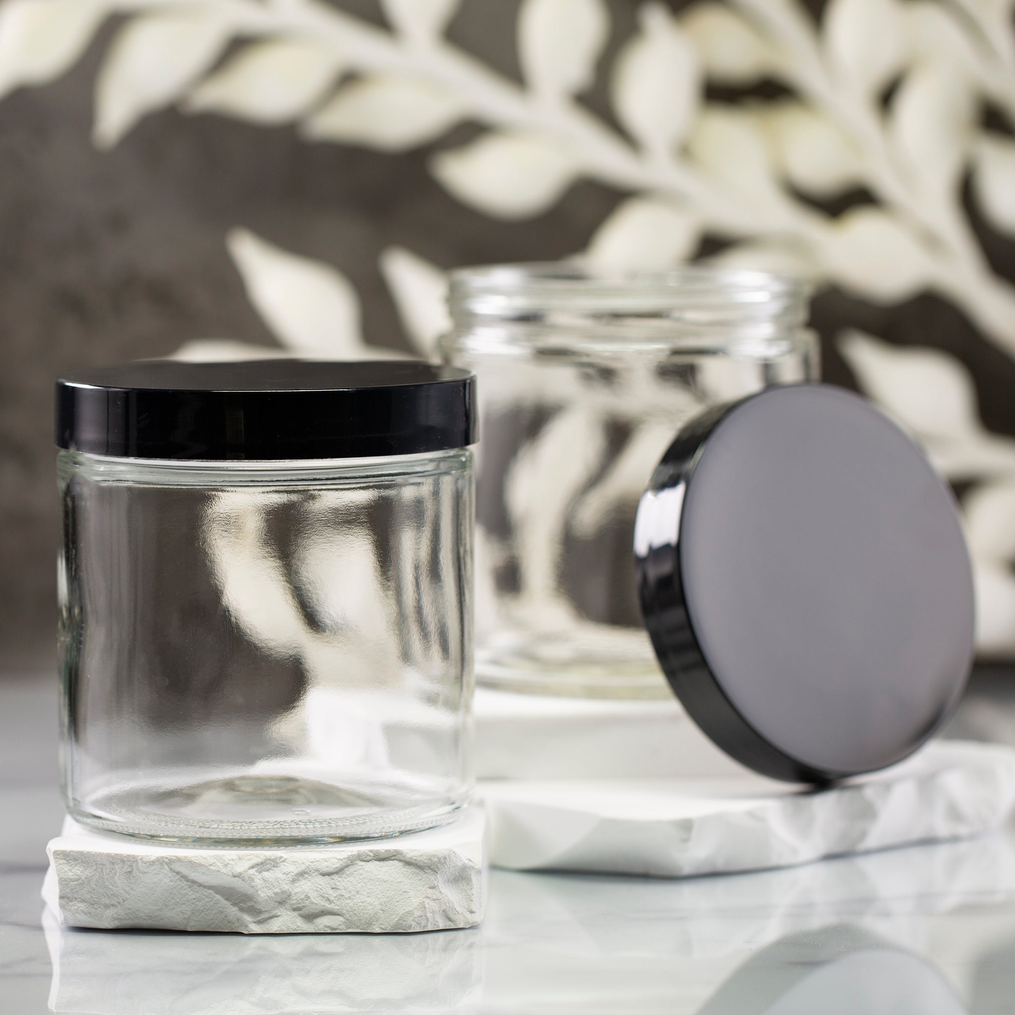 16 oz Clear Glass Jar with 89-400 Black Flat Gloss Cap