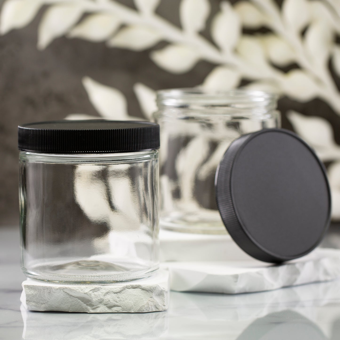 16 oz Clear Glass Jar with 89-400 Black Ribbed Cap