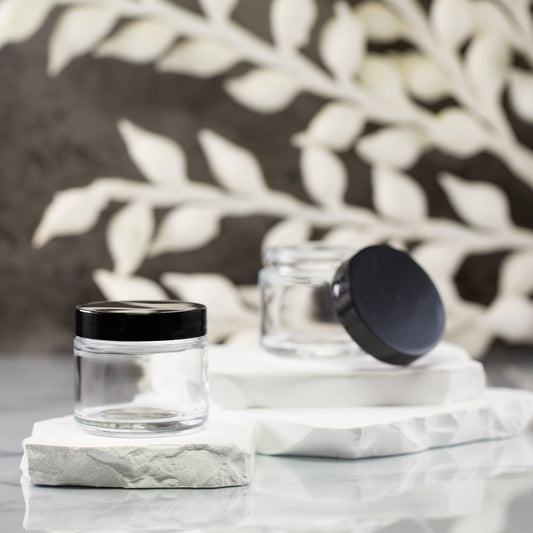 2 oz Clear Glass Shallow Jar with 53-400 Black Flat Gloss Cap