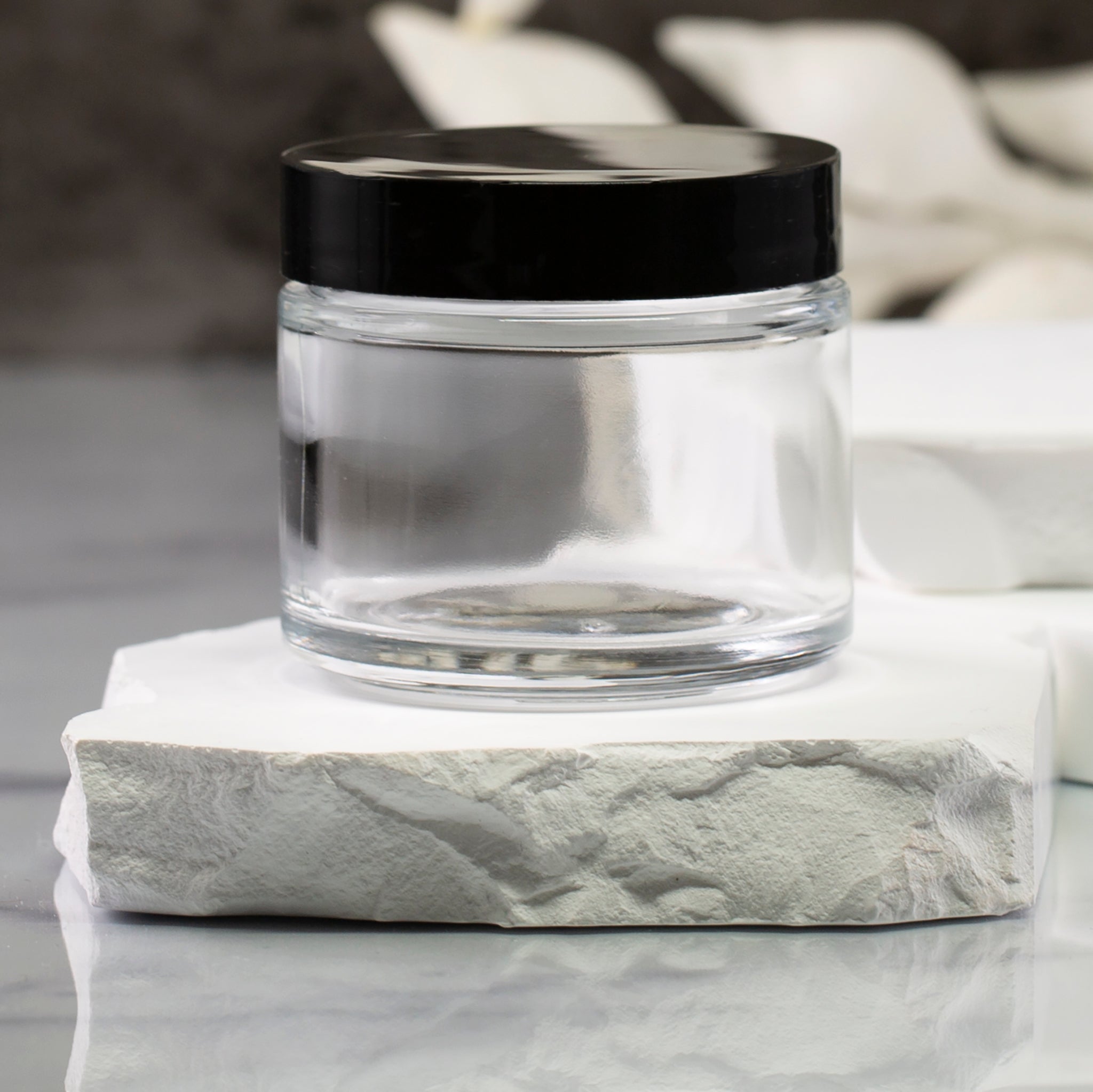 2 oz Clear Glass Shallow Jar with 53-400 Black Gloss Cap