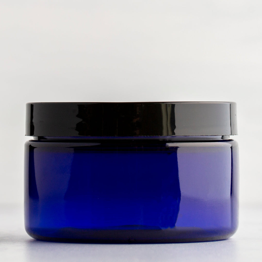 4 oz Blue Shallow Plastic Jar with Black Flat Gloss Cap