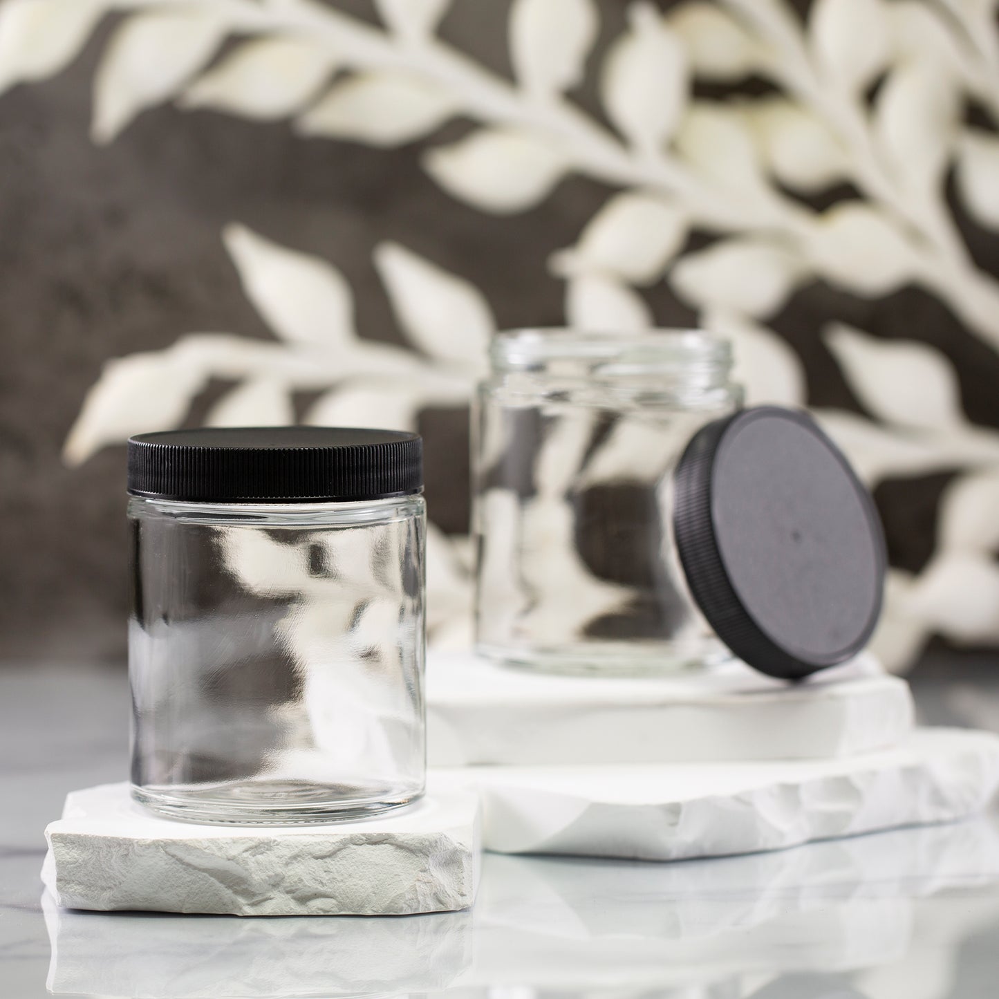 6 oz Clear Glass Jar with 63-400 Black Ribbed Cap