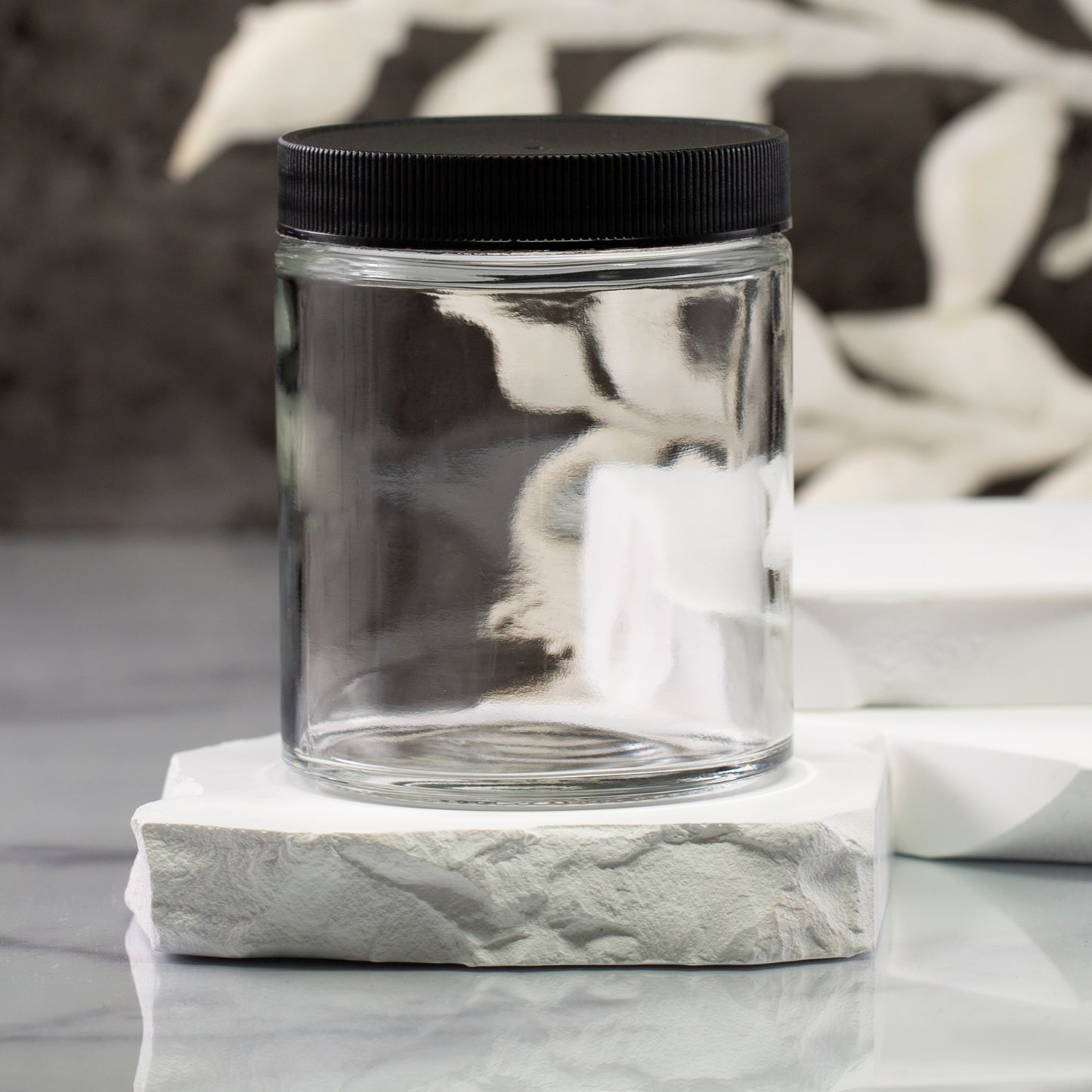 6 oz Clear Glass Jar with 63-400 Black Ribbed Cap