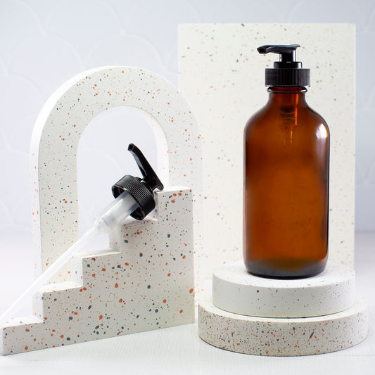 8 oz Amber Glass Bottle with 28-400 Black Saddle Pump