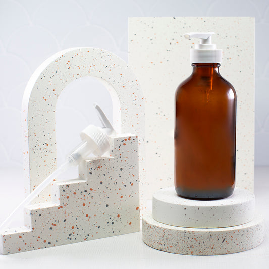 8 oz Amber Glass Bottle with 28-400 White Saddle Pump