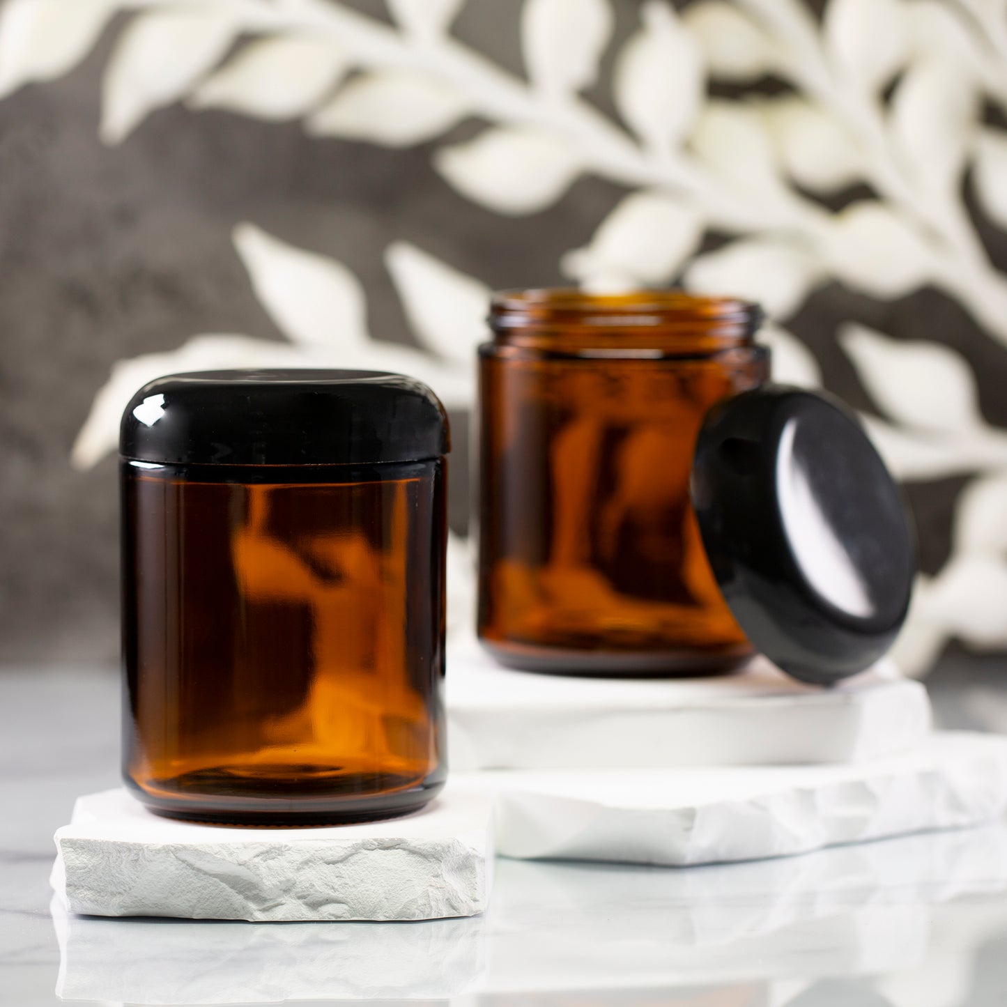 8 oz Amber Glass Jar with 70-400 Black Dome Cap