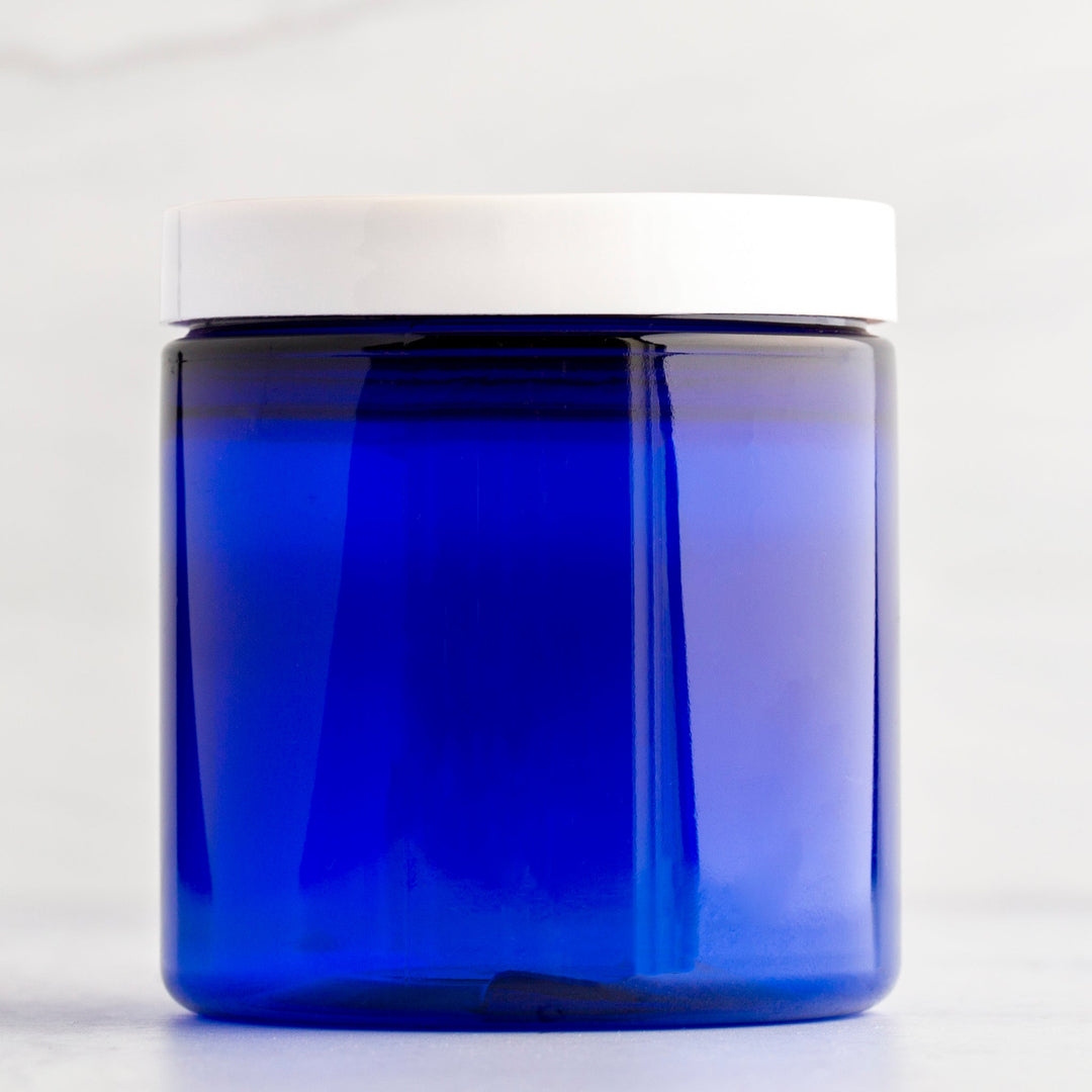 8 oz Blue Straight Side Plastic Jar with White Flat Gloss Cap