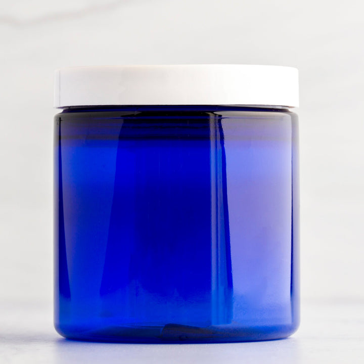 8 oz Blue Straight Side Plastic Jar with White Flat Gloss Cap