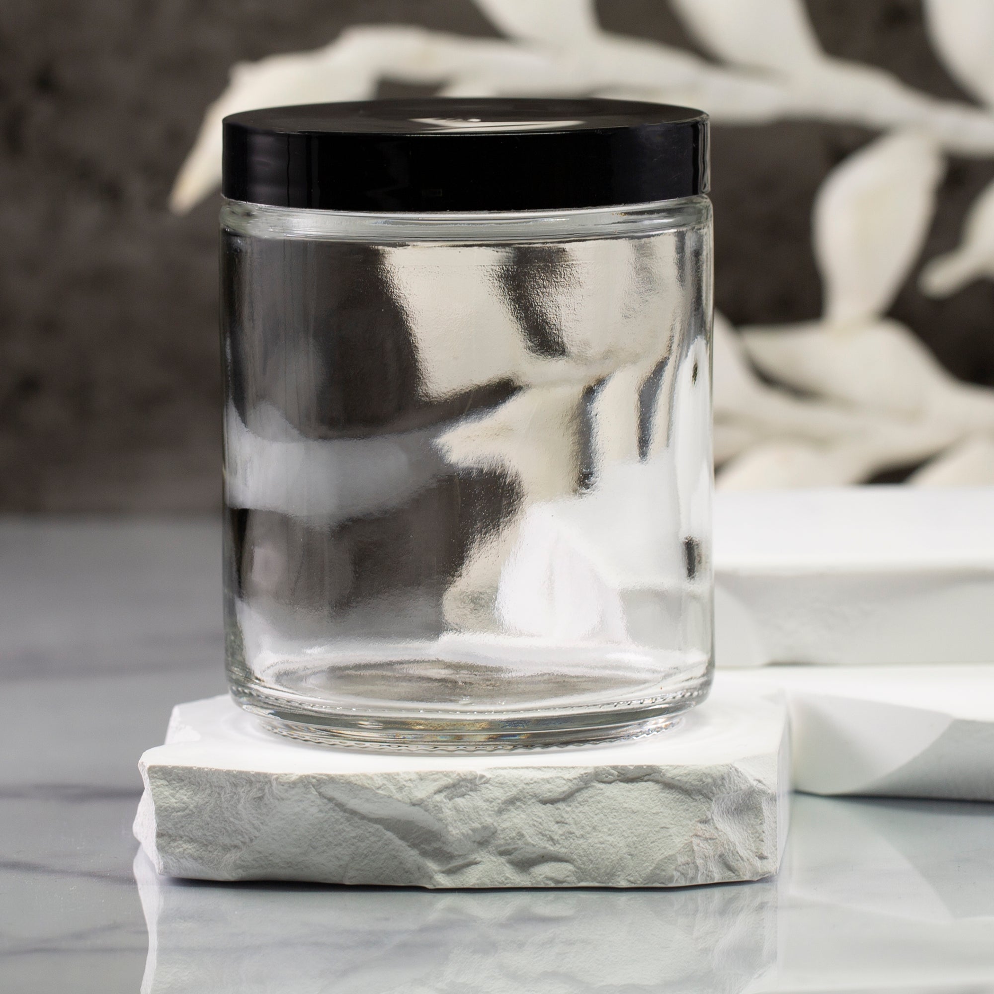 8 oz Clear Glass Jar with 70-400 Black Flat Gloss Cap