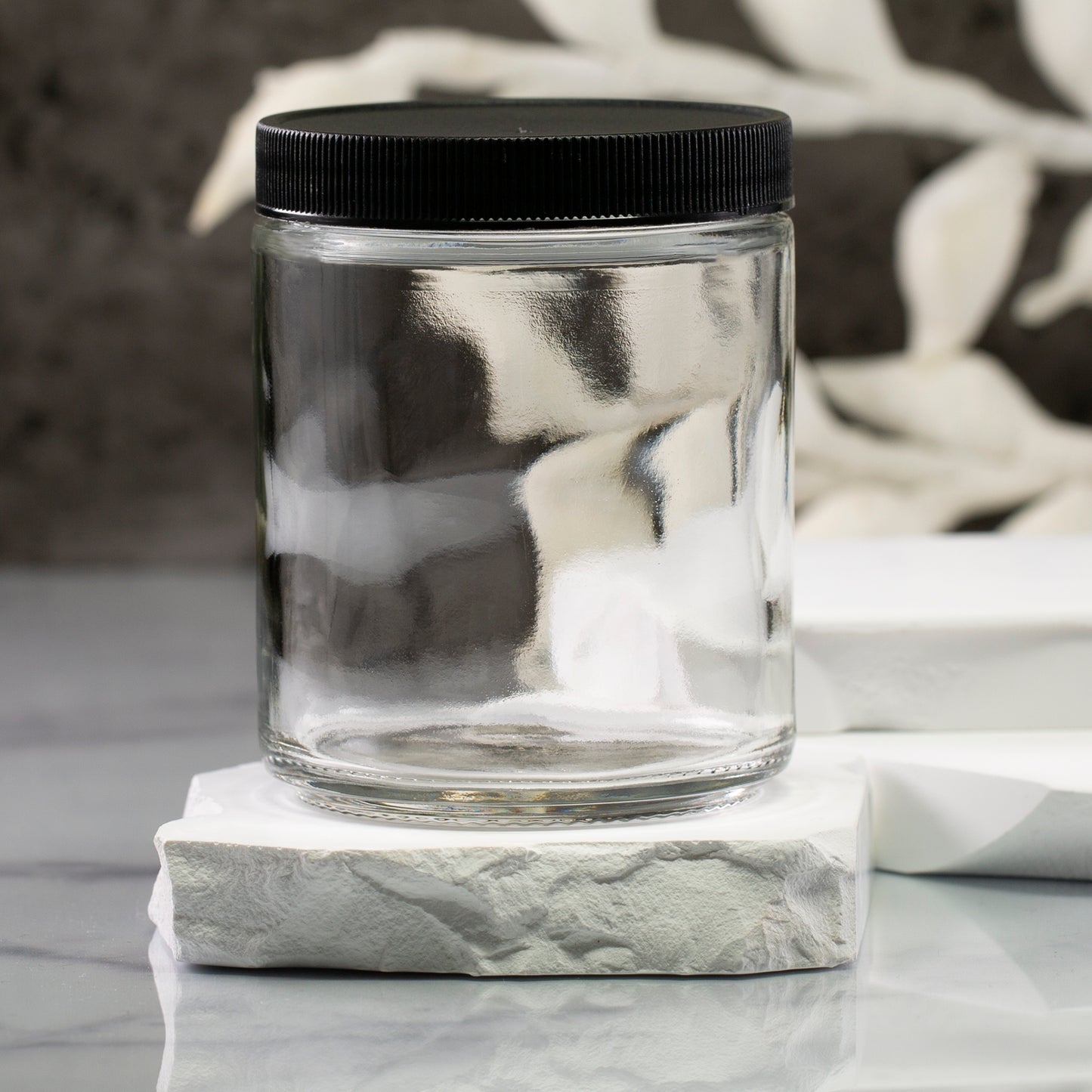 8 oz Clear Glass Jar with 70-400 Black Ribbed Cap