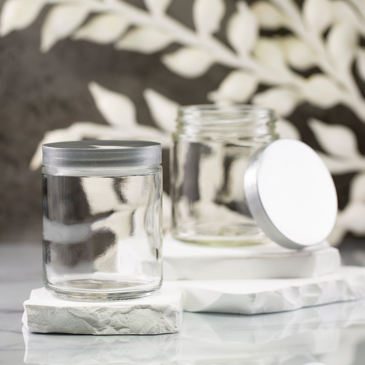 8 oz Clear Glass Jar with 70-400 Silver Flat Gloss Cap