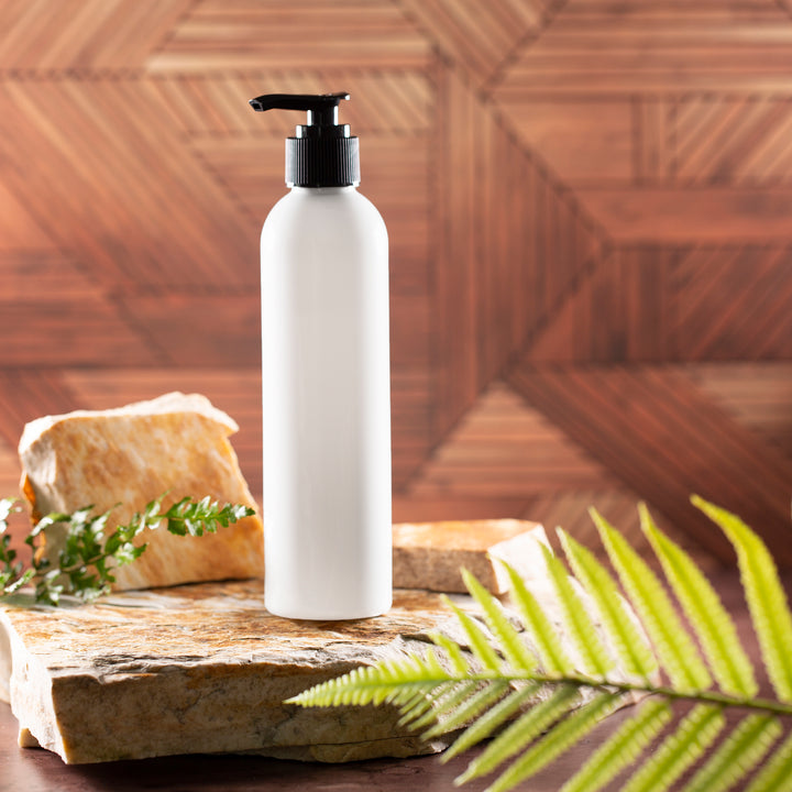 8 oz White Bullet Bottle with Black Saddle Pump