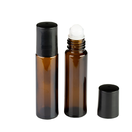 10 ml Amber Glass Rollerball Bottle with Black Cap & Plastic Rollerball