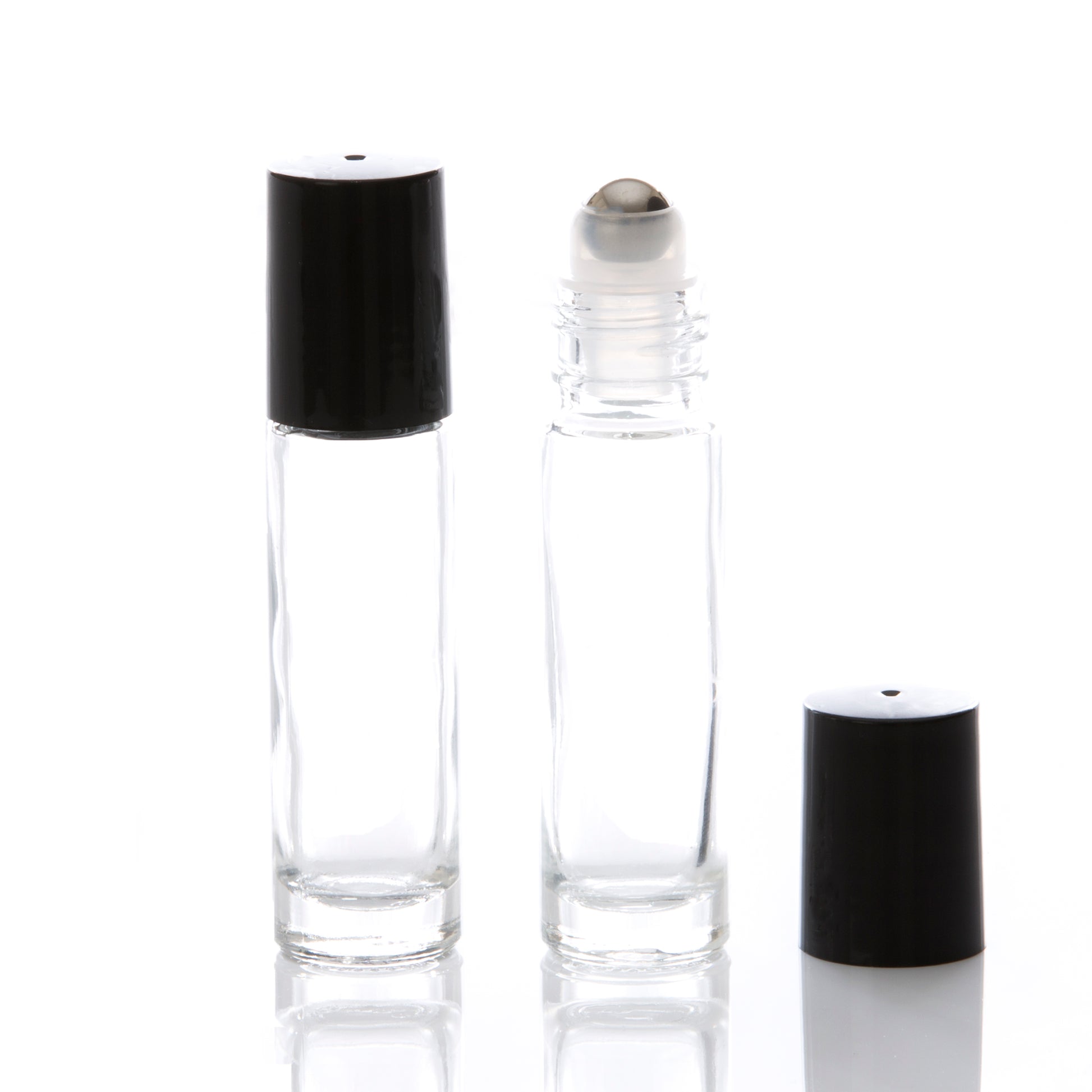 10 ml Clear Glass Rollerball Bottle with Black Cap & Stainless Steel Rollerball