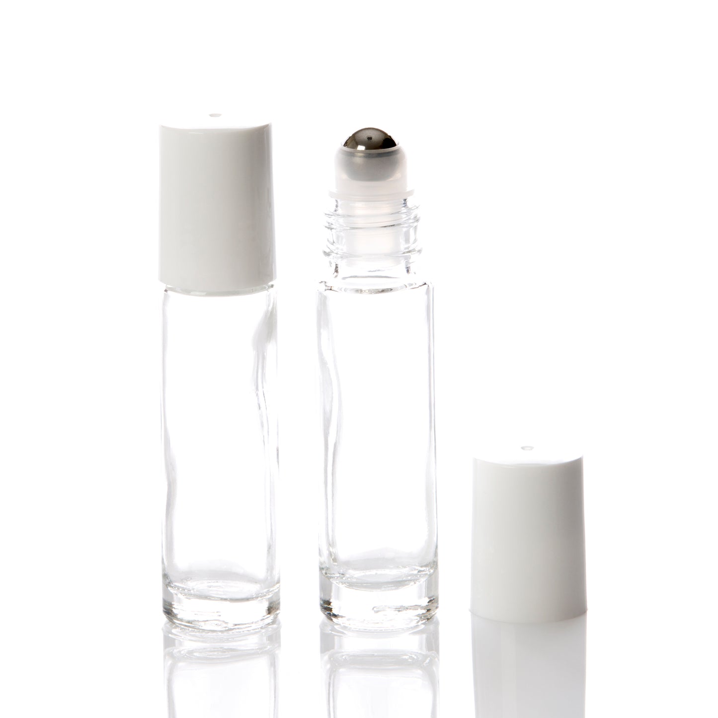 10 ml Clear Glass Rollerball Bottle with White Cap & Stainless Steel Rollerball