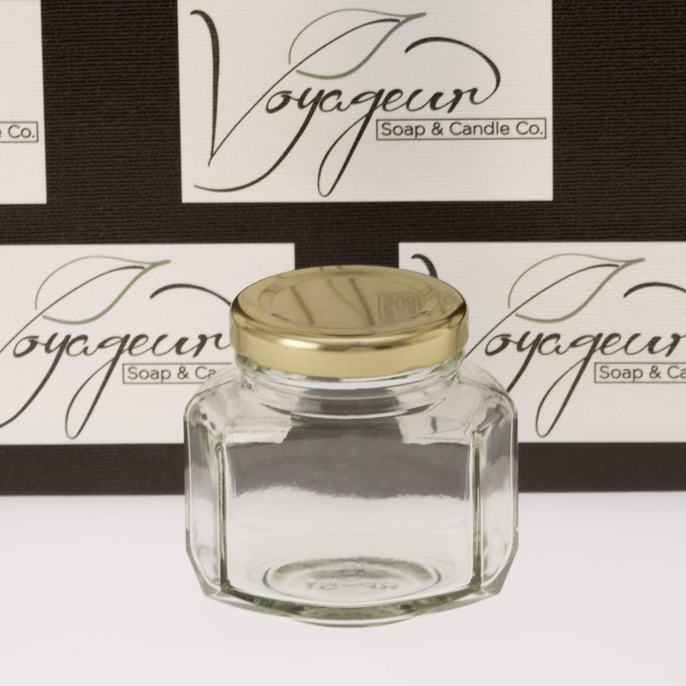 110 ml Oval Hexagon Glass Jar with 48mm Gold Metal Lug Cap Voyageur