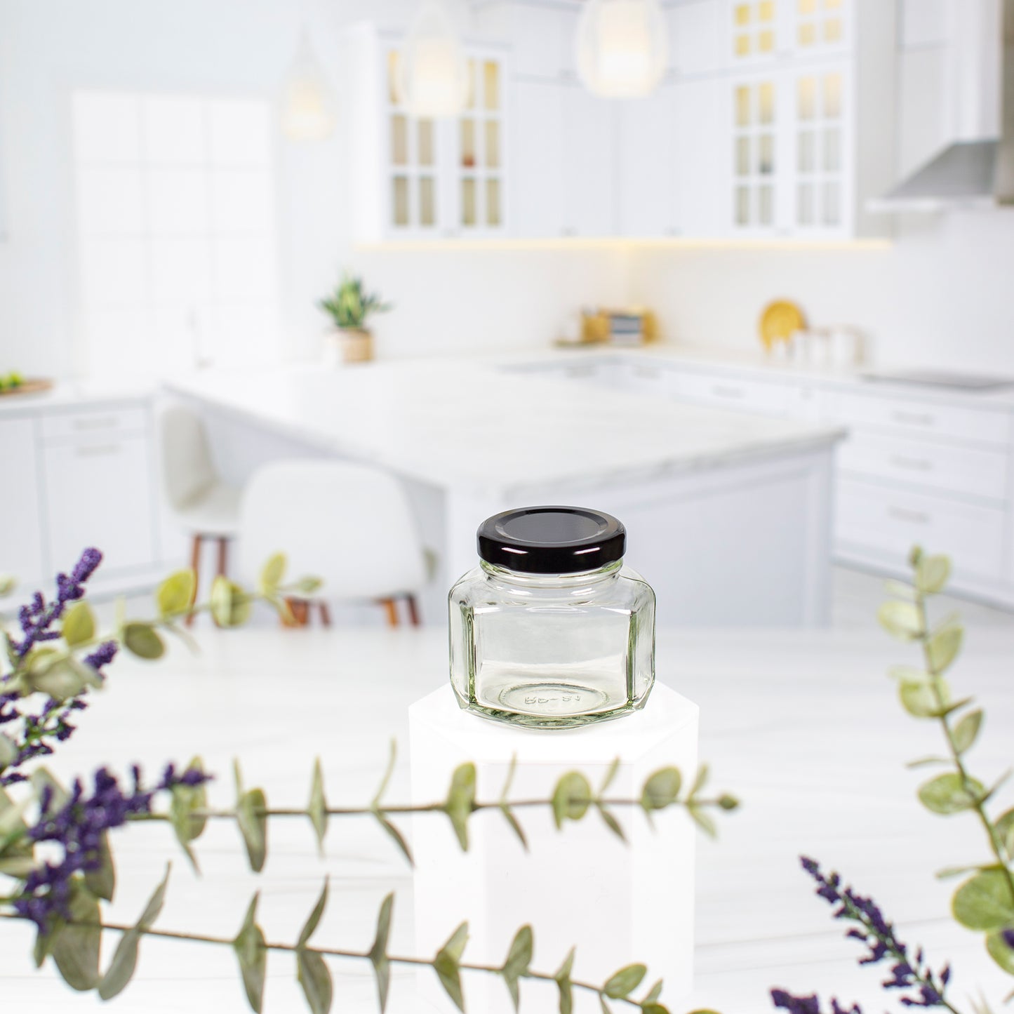 110 ml Oval Hexagon Glass Jar with 48mm Black Metal Lug Cap