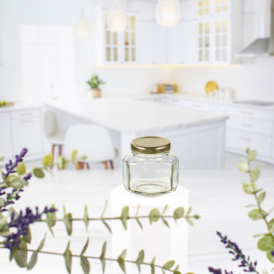 110 ml Oval Hexagon Glass Jar with 48mm Gold Metal Lug Cap
